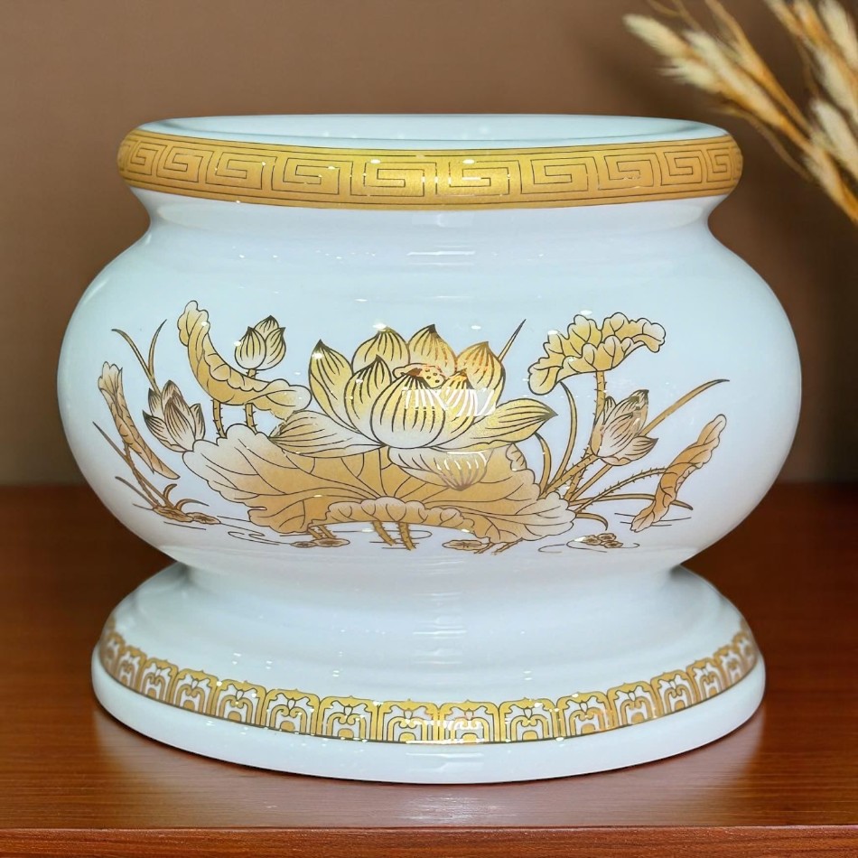 Bát Hương Gốm Sứ Đức Hóa Trắng Hoa Sen Viền Vàng