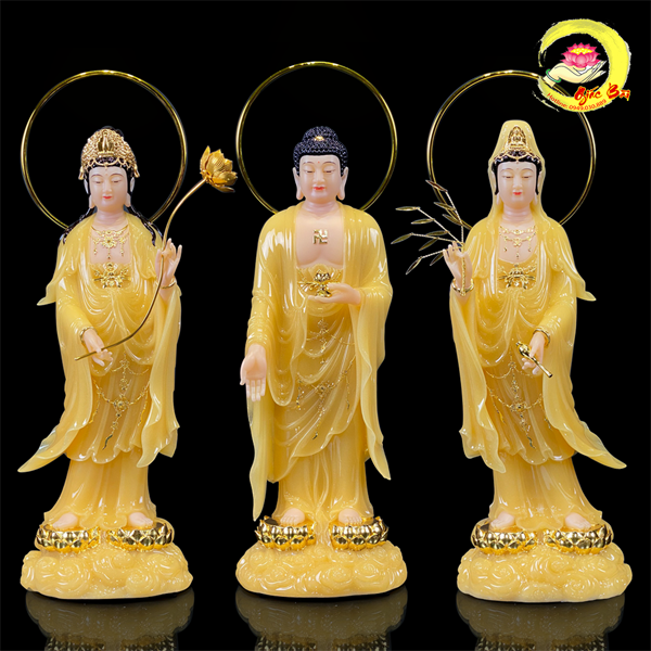Bộ Tượng Tây Phương Tam Thánh Đứng Mây Bột Đá Thạch Anh Có Hào Quang