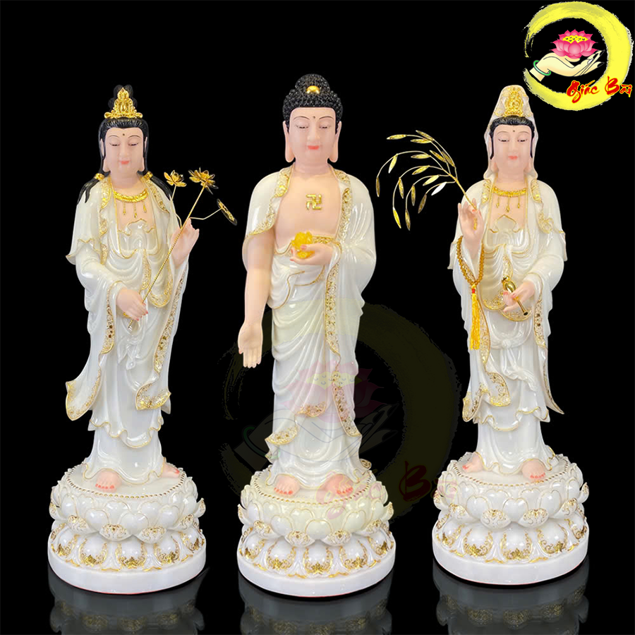 Bộ Tượng Tây Phương Tam Thánh Đứng Đài Sen Bằng Bột Đá Trắng Viền Dát Vàng
