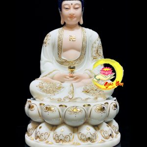 Tượng Phật A Di Đà Tọa Đài Sen, Bột Đá Trắng Viền Vàng Nổi