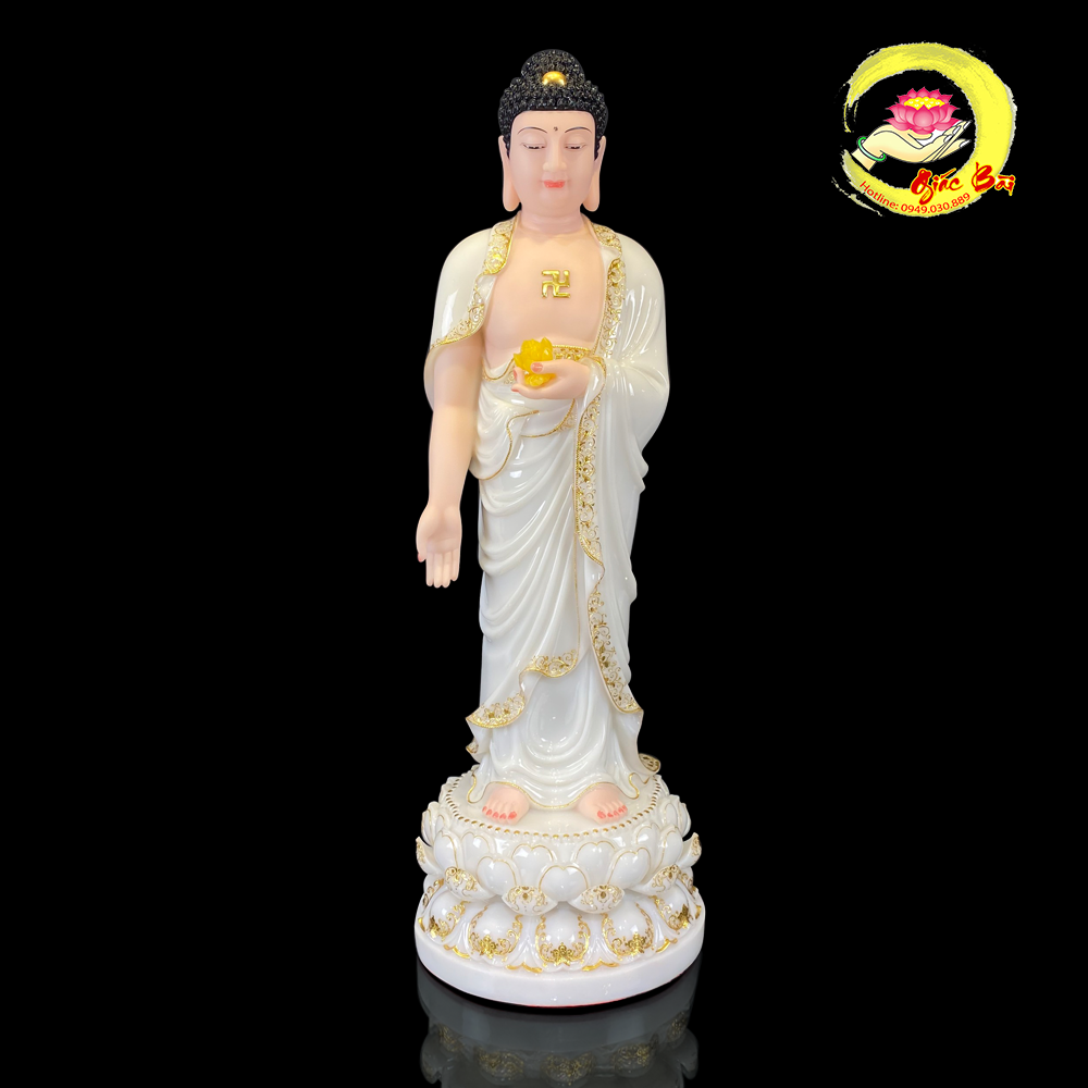 Tượng Phật A Di Đà Đứng Đài Sen Bằng Bột Đá Trắng Viền Vàng