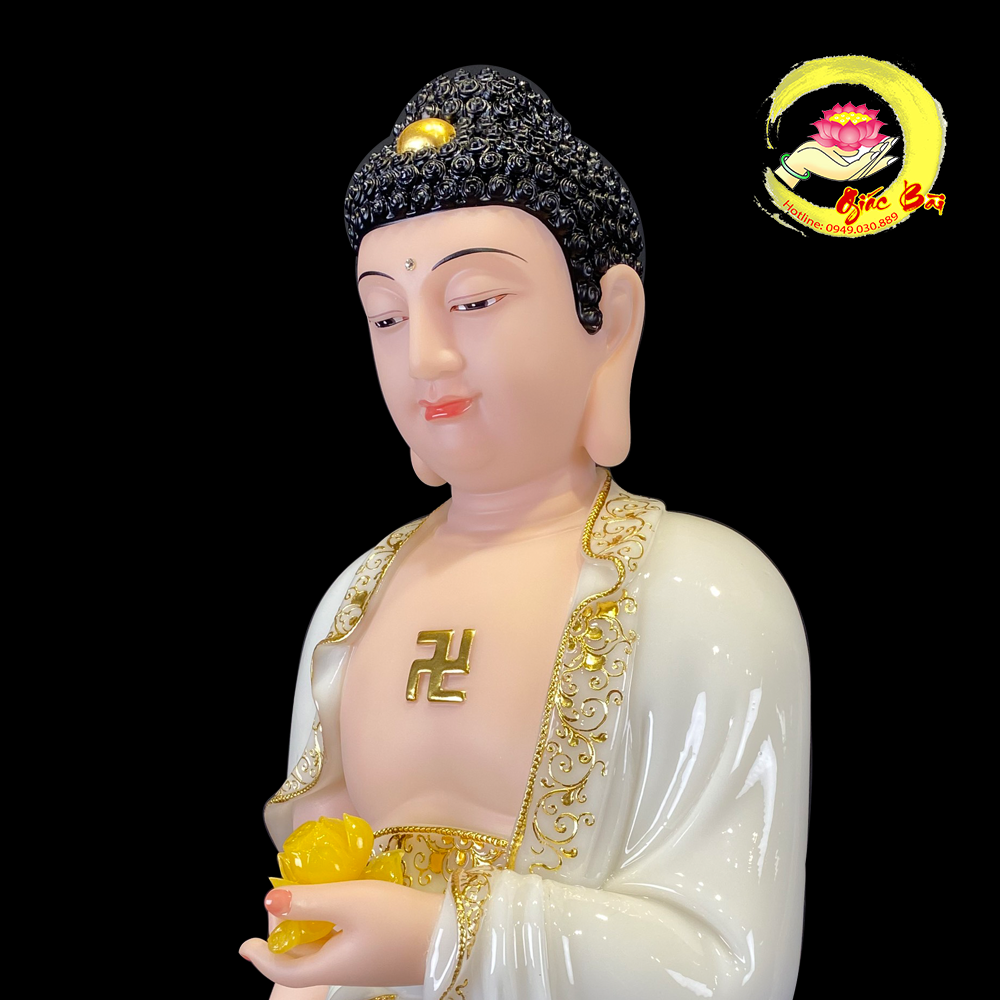 Tượng Phật A Di Đà Đứng Đài Sen Bằng Bột Đá Trắng Viền Vàng - Ảnh 6