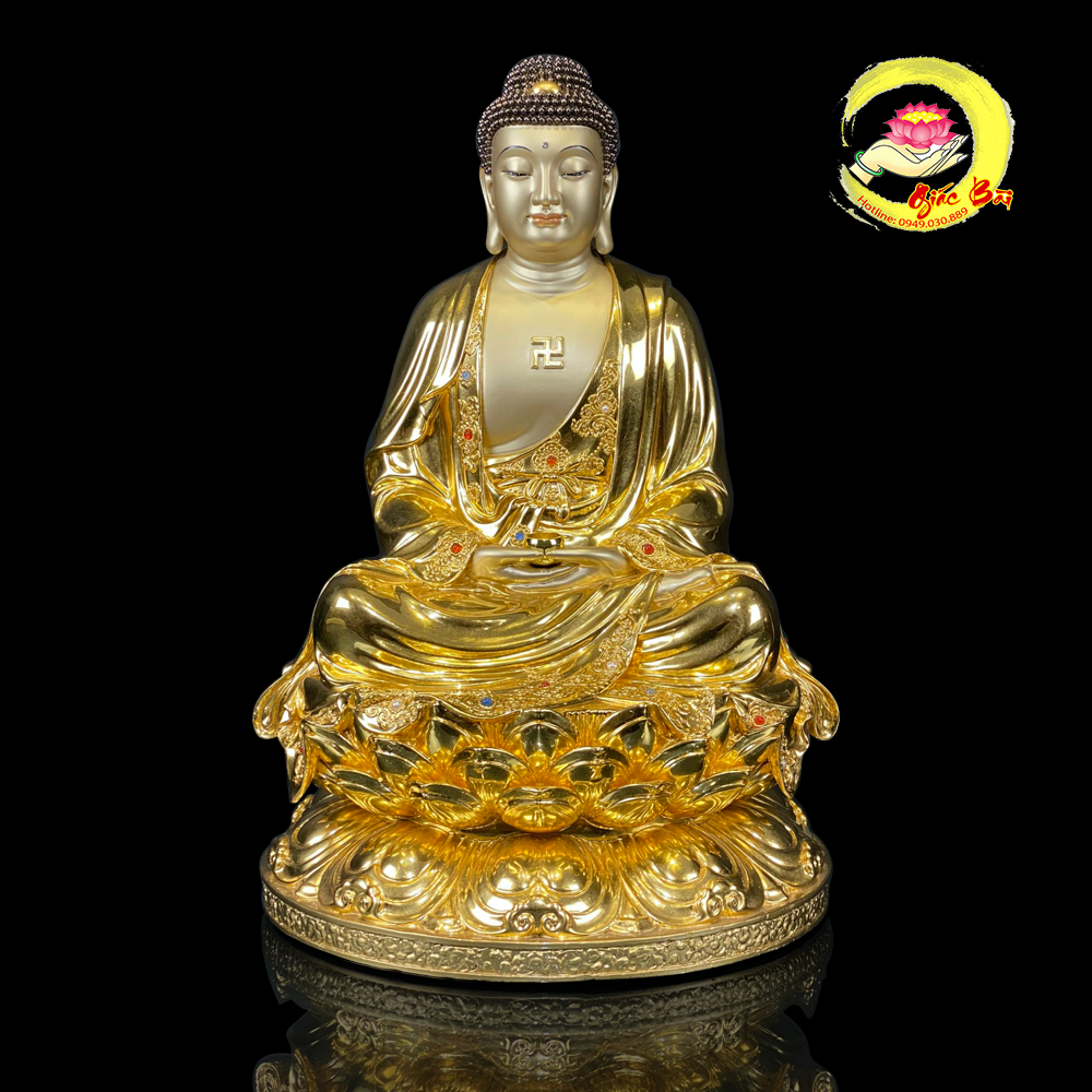 Tượng A Di Đà Ngồi Đế Sen Bằng Đồng Dát Vàng Ấn Bảo