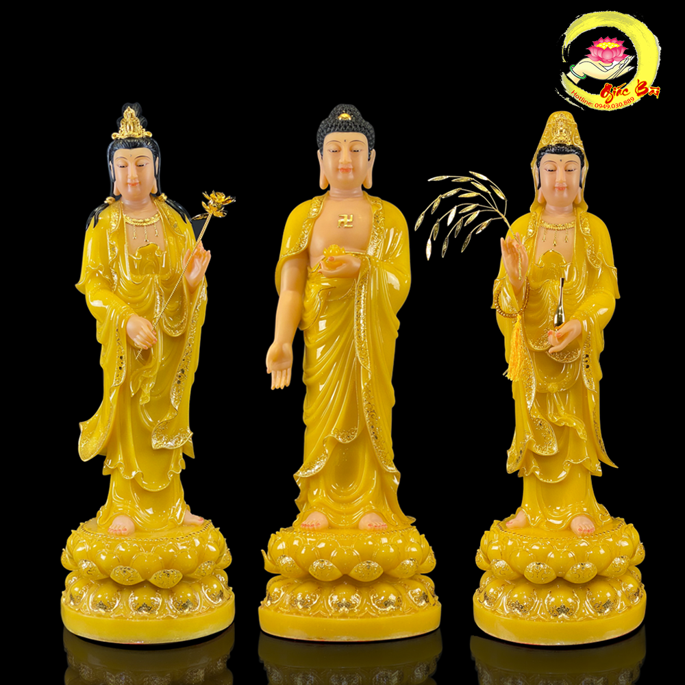 Tượng Tây Phương Tam Thánh Đứng Đài Sen Bằng Bột Đá Thạch Anh Viền Vàng