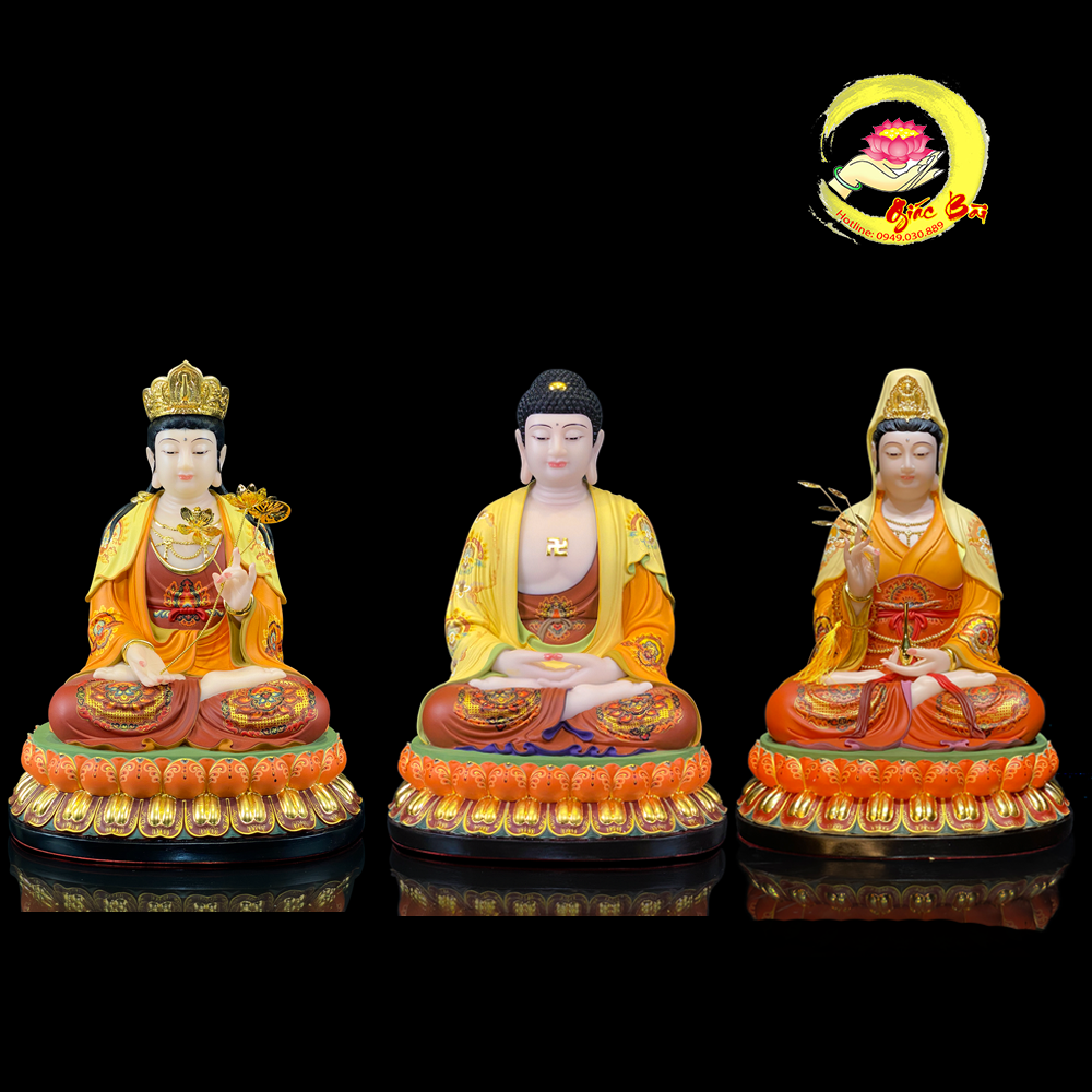 Tây Phương Tam Thánh Ngồi Đài Sen Đế To Bằng Bột Đá Vẽ Gấm Thủ Công Sơn Cao Cấp
