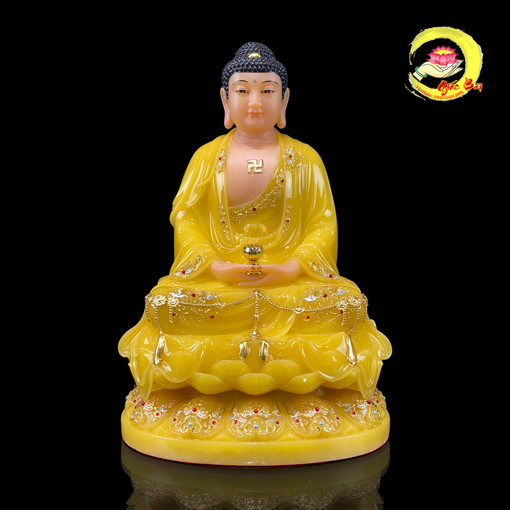 Tượng A Di Đà Ngồi Hoa Sen Bằng Đá Thạch Anh Viền Vàng