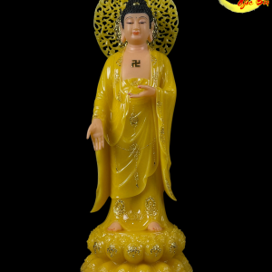 Tượng Phật A Di Đà Thạch Anh Viền Vàng Đứng Có Lá Đề