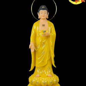 Tượng Phật A Di Đà Thạch Anh Viền Vàng Đứng Có Hào Quang