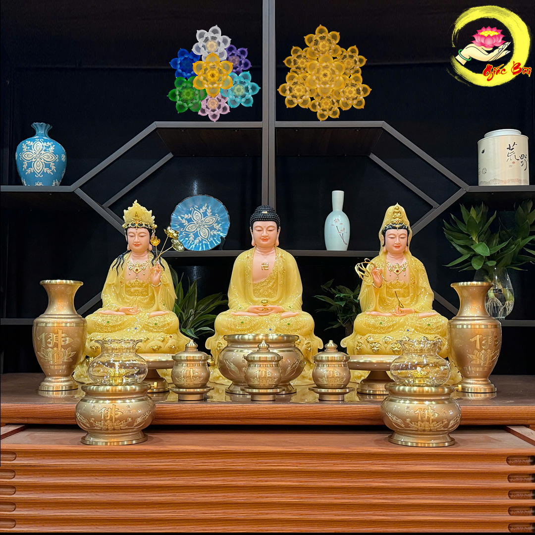 Bộ Tượng Tây Phương Tam Thánh Ngồi Đế Non Nước Bằng Bột Đá Thạch Anh Viền Vàng