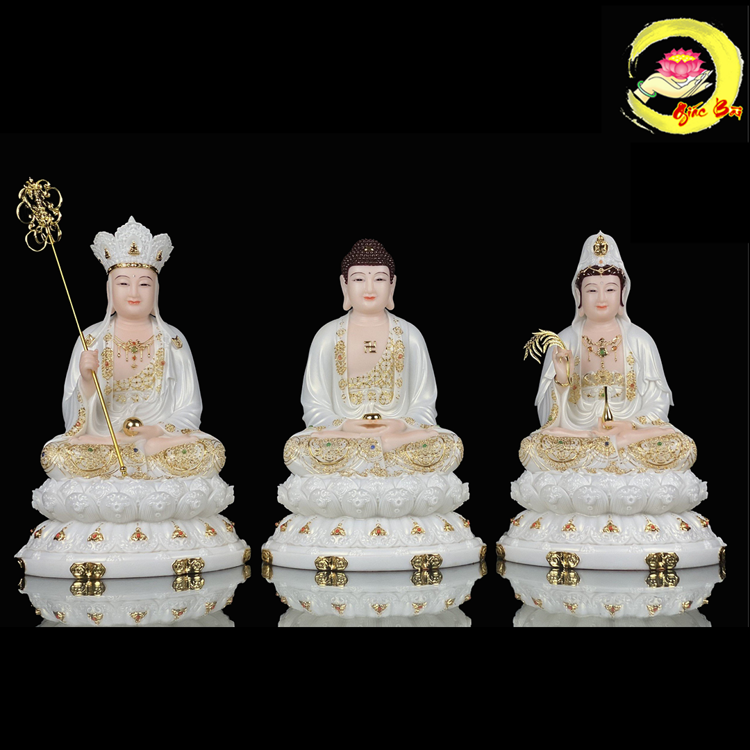 Tượng Ta Bà Tam Thánh Ngồi Đài Sen Bằng Bột Đá Trắng Dát Vàng