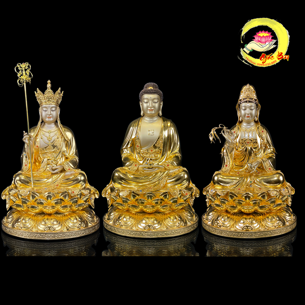 Bộ Tượng Ta Bà Tam Thánh Ngồi Hoa Sen Bằng Đồng Dát Vàng
