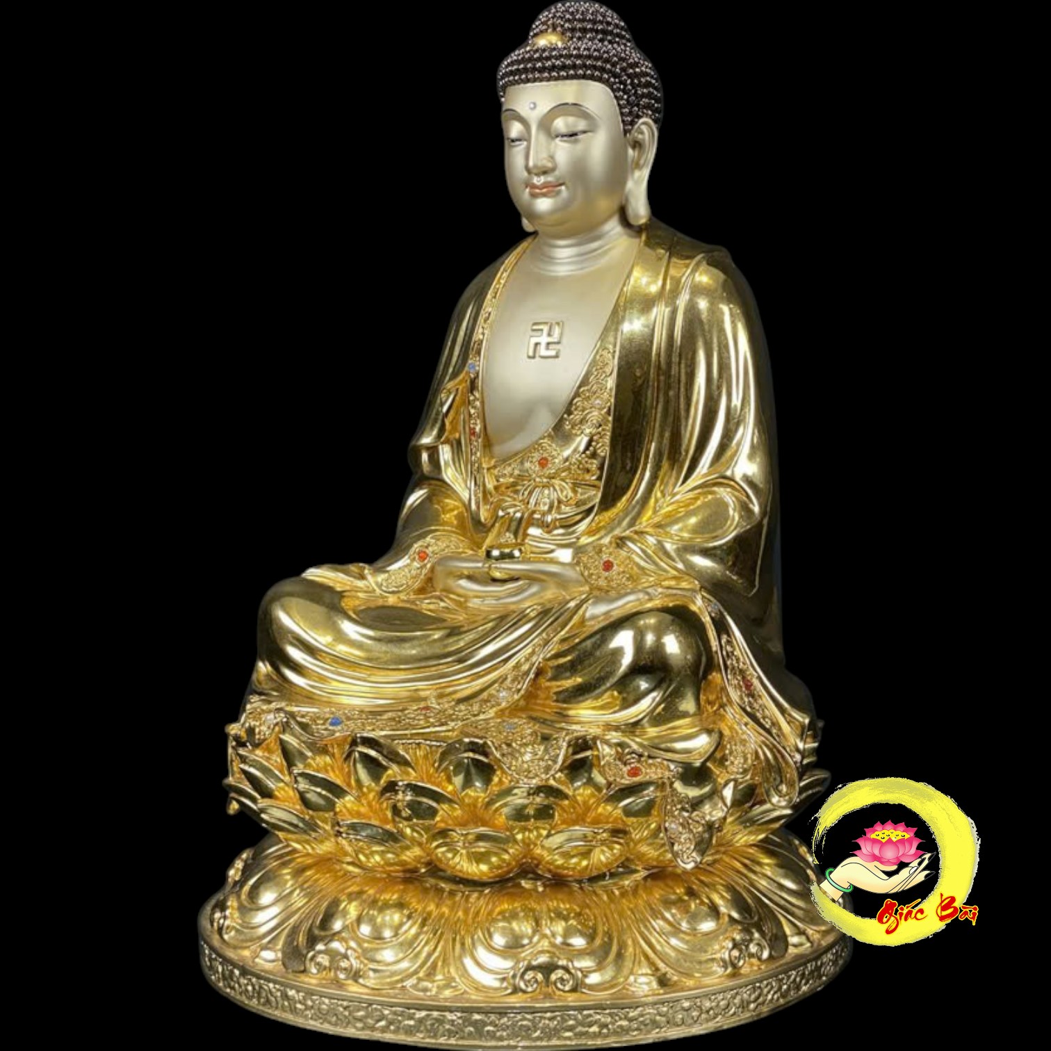 Bộ Tượng Ta Bà Tam Thánh Ngồi Hoa Sen Bằng Đồng Dát Vàng - Ảnh 7