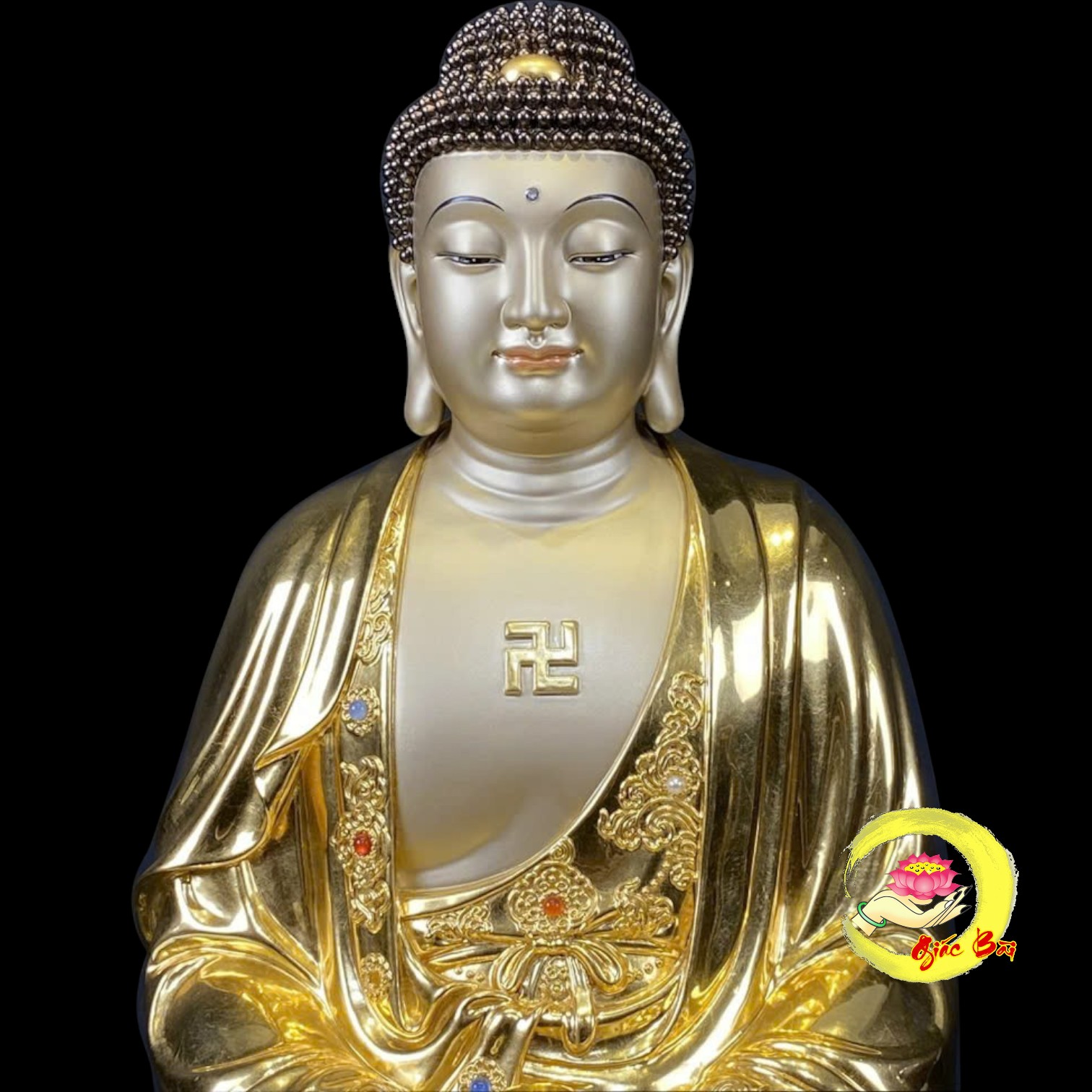 Bộ Tượng Ta Bà Tam Thánh Ngồi Hoa Sen Bằng Đồng Dát Vàng - Ảnh 13