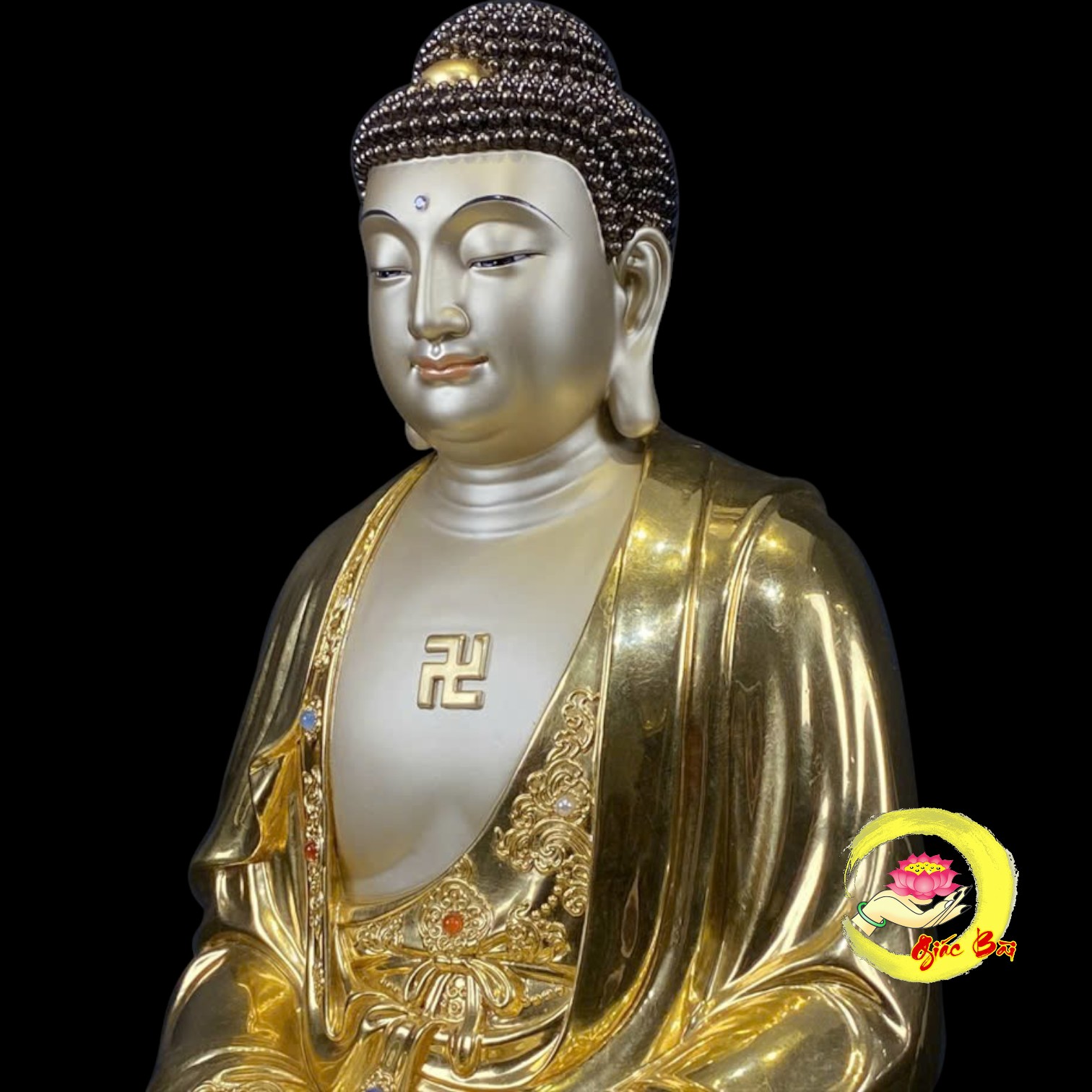 Bộ Tượng Ta Bà Tam Thánh Ngồi Hoa Sen Bằng Đồng Dát Vàng - Ảnh 16