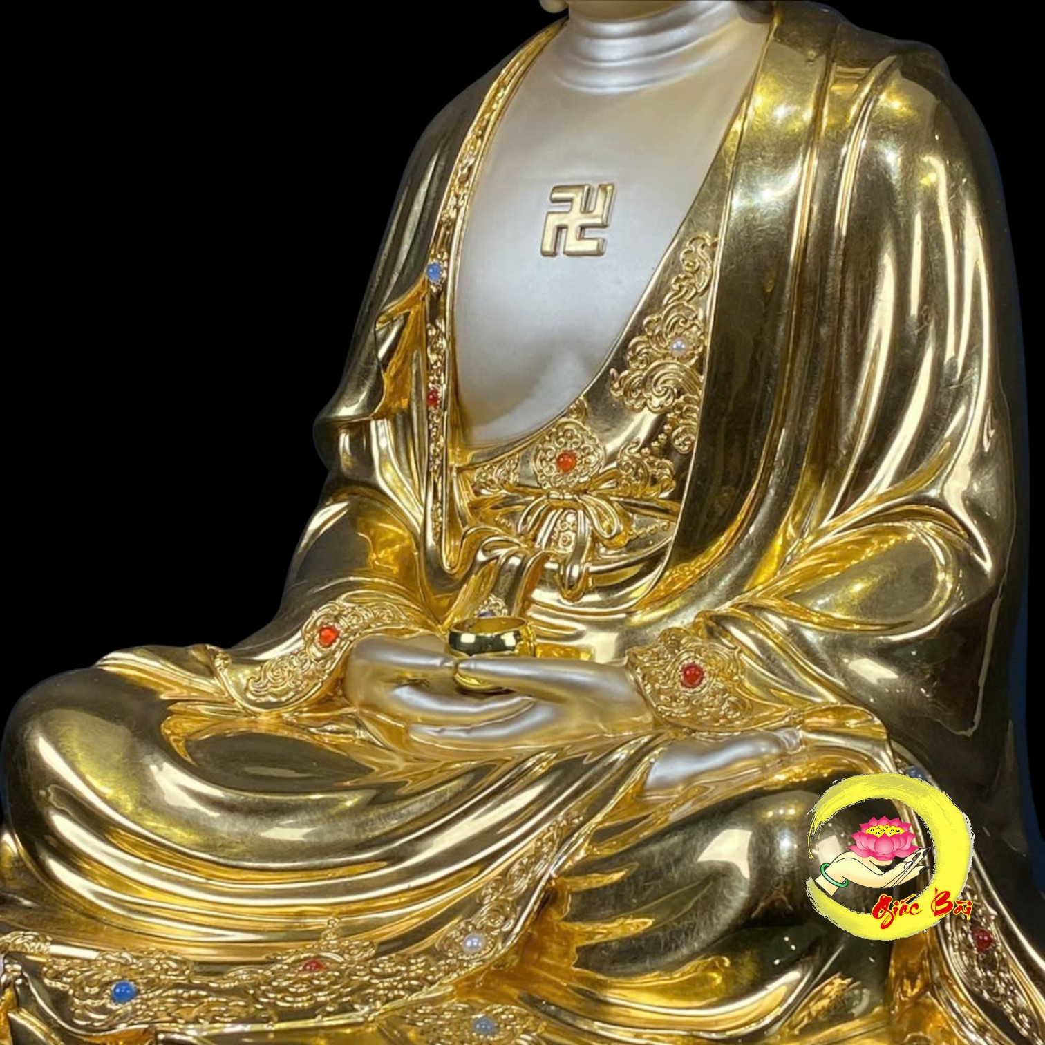 Bộ Tượng Ta Bà Tam Thánh Ngồi Hoa Sen Bằng Đồng Dát Vàng - Ảnh 22