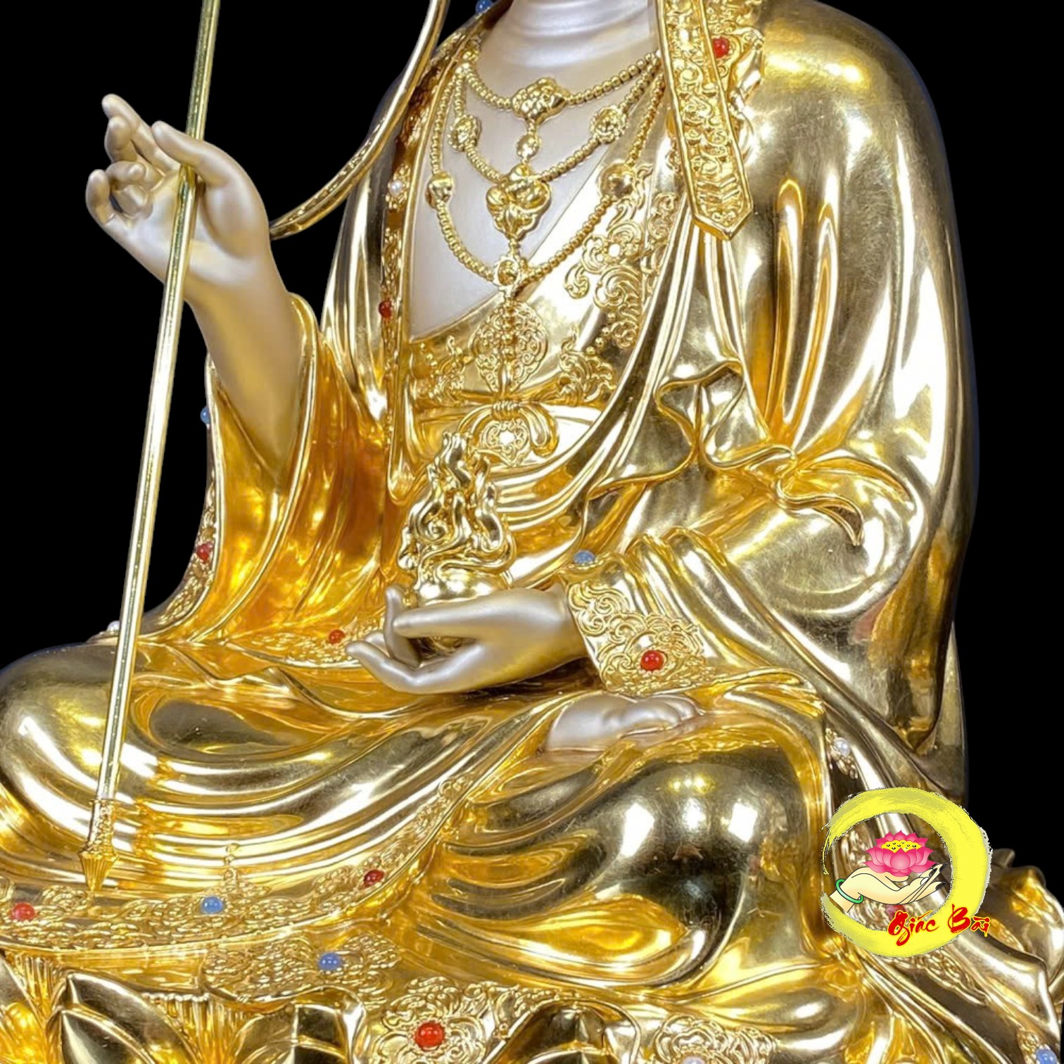 Bộ Tượng Ta Bà Tam Thánh Ngồi Hoa Sen Bằng Đồng Dát Vàng - Ảnh 18