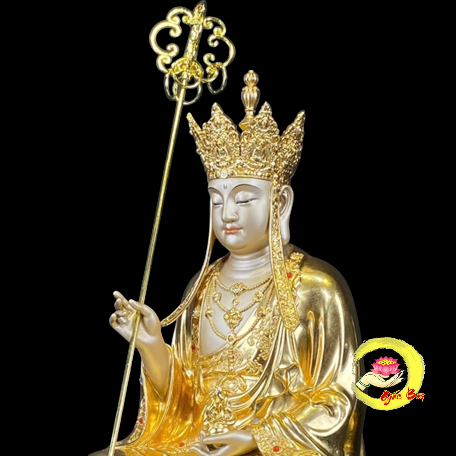 Bộ Tượng Ta Bà Tam Thánh Ngồi Hoa Sen Bằng Đồng Dát Vàng - Ảnh 15