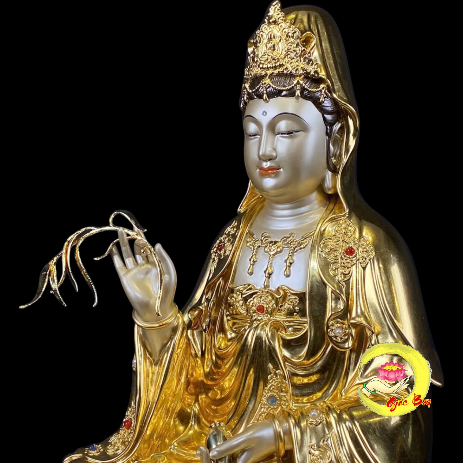 Bộ Tượng Ta Bà Tam Thánh Ngồi Hoa Sen Bằng Đồng Dát Vàng - Ảnh 17