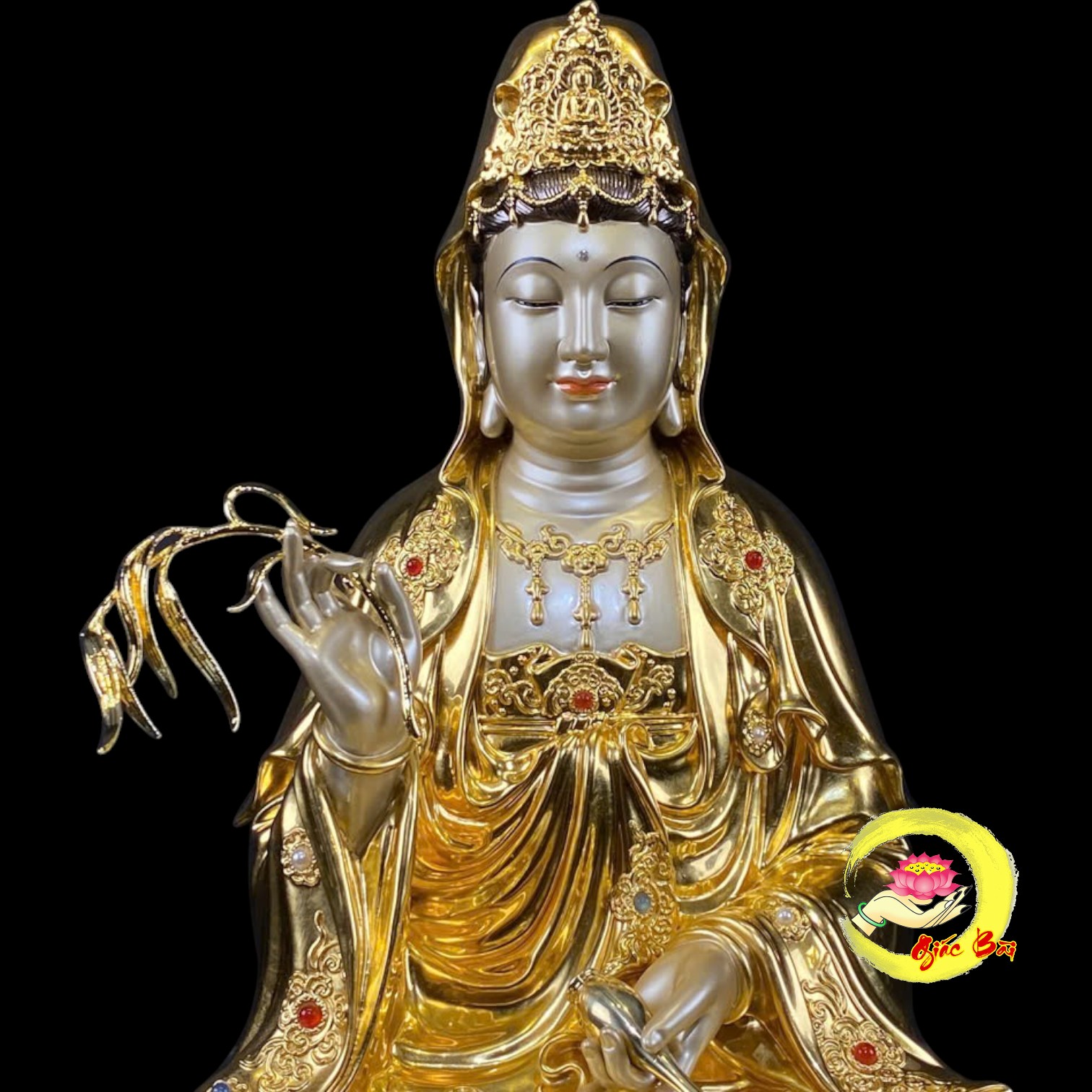 Bộ Tượng Ta Bà Tam Thánh Ngồi Hoa Sen Bằng Đồng Dát Vàng - Ảnh 14