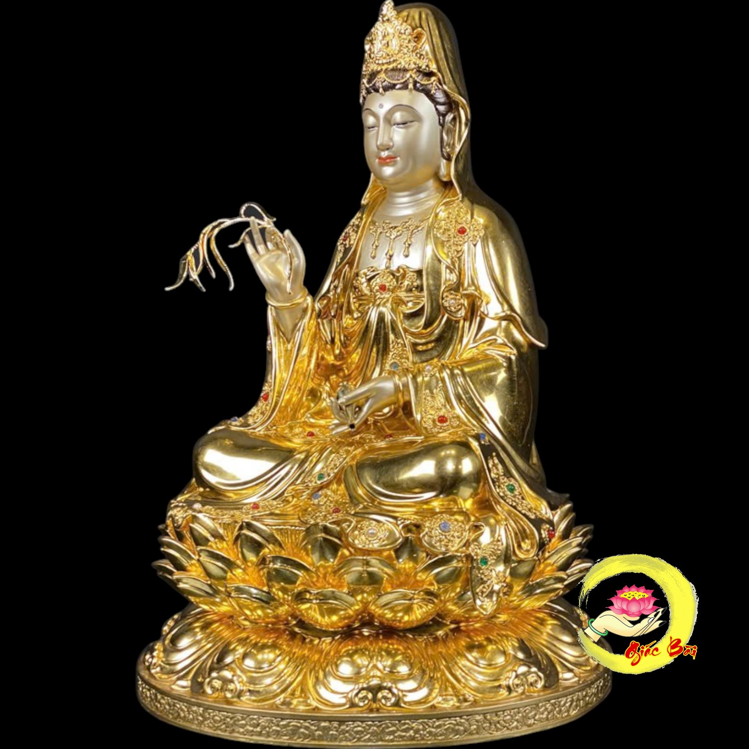 Bộ Tượng Ta Bà Tam Thánh Ngồi Hoa Sen Bằng Đồng Dát Vàng - Ảnh 8