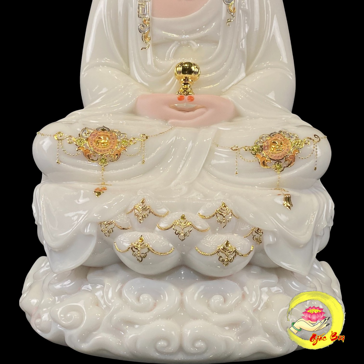 Tượng A Di Đà Ngồi Đế Mây Bột Đá Trắng Viền Vàng - Ảnh 7