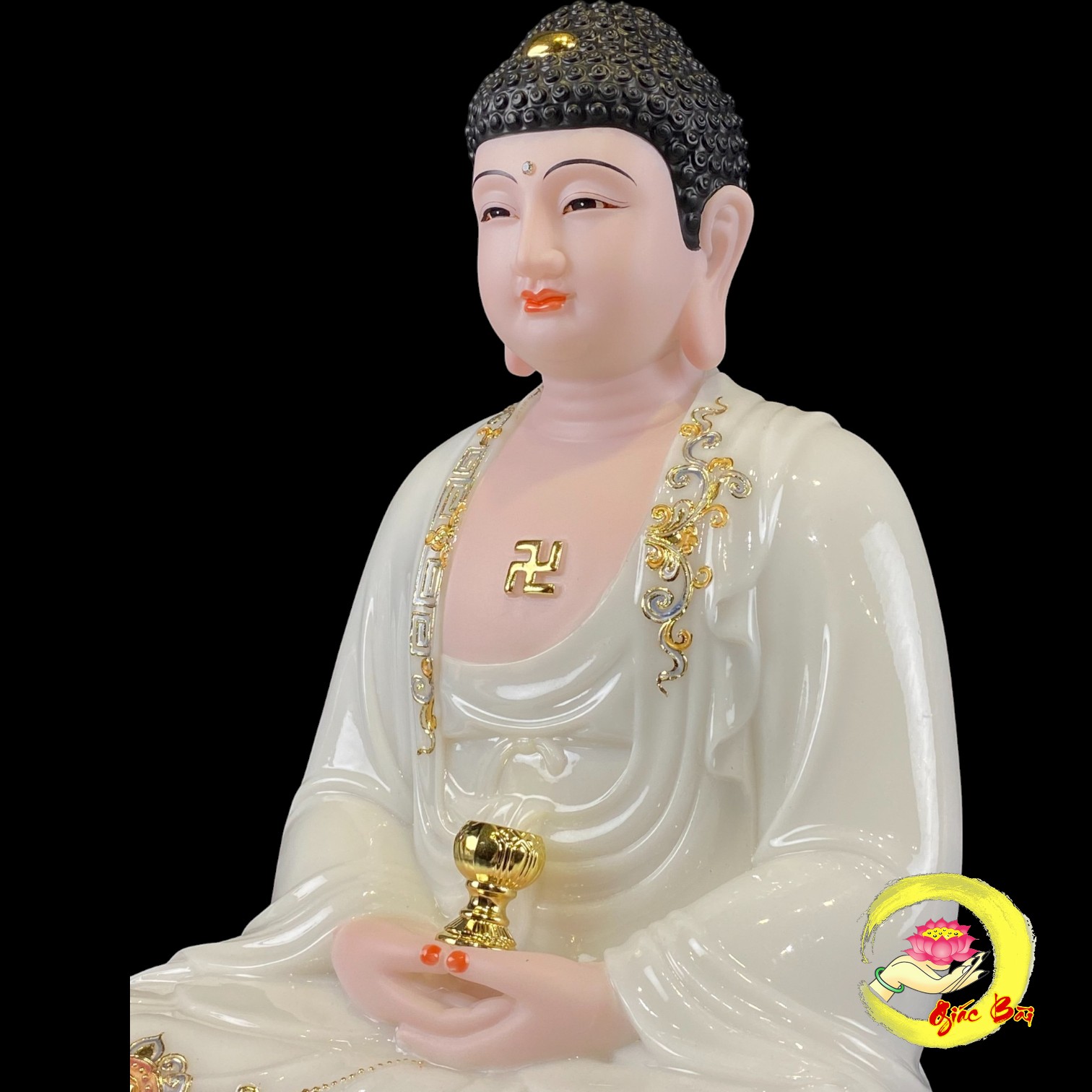 Tượng A Di Đà Ngồi Đế Mây Bột Đá Trắng Viền Vàng - Ảnh 6