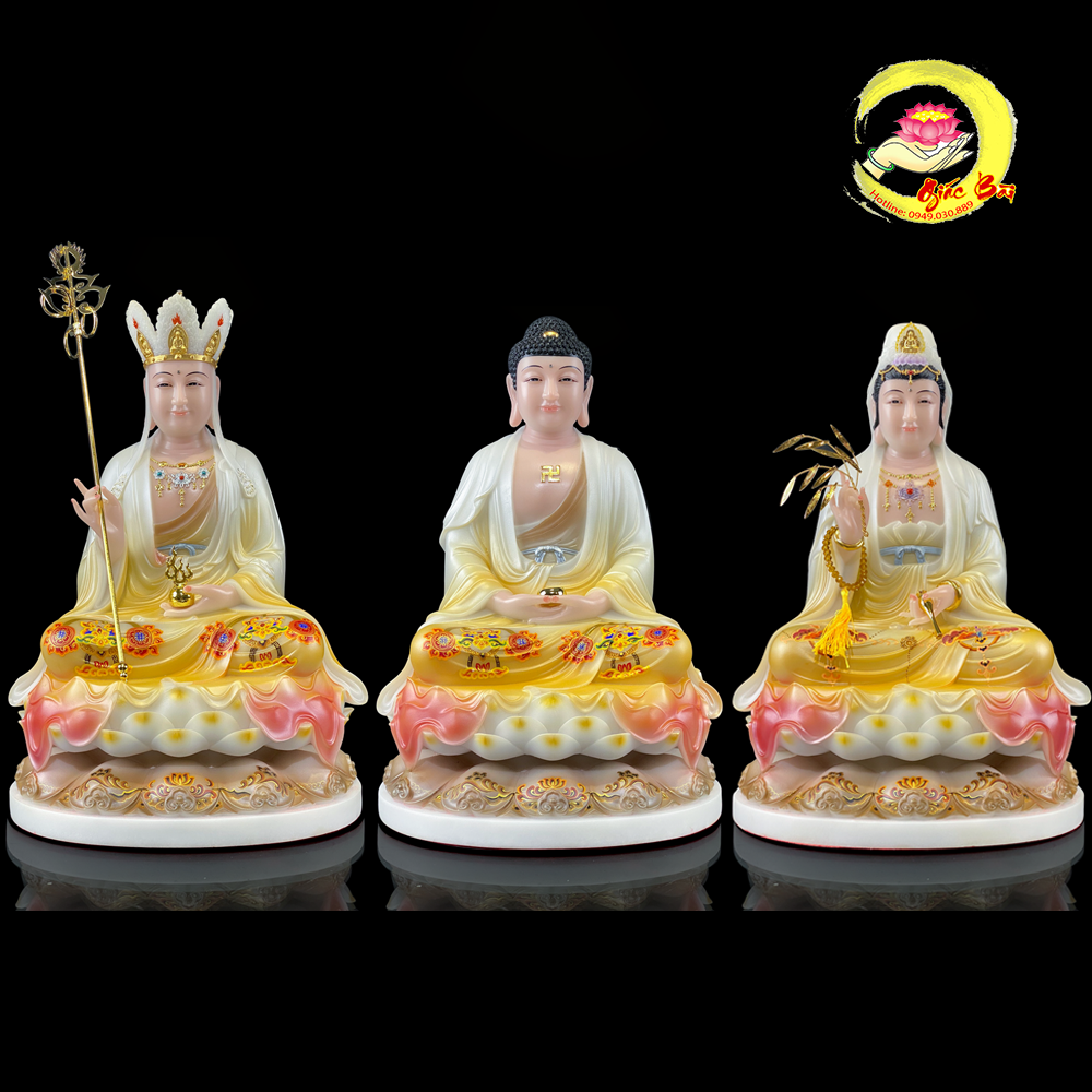 Tượng Ta Bà Tam Thánh Bằng Bột Đá Sơn Cao Cấp Ngồi Đài Sen Đế To