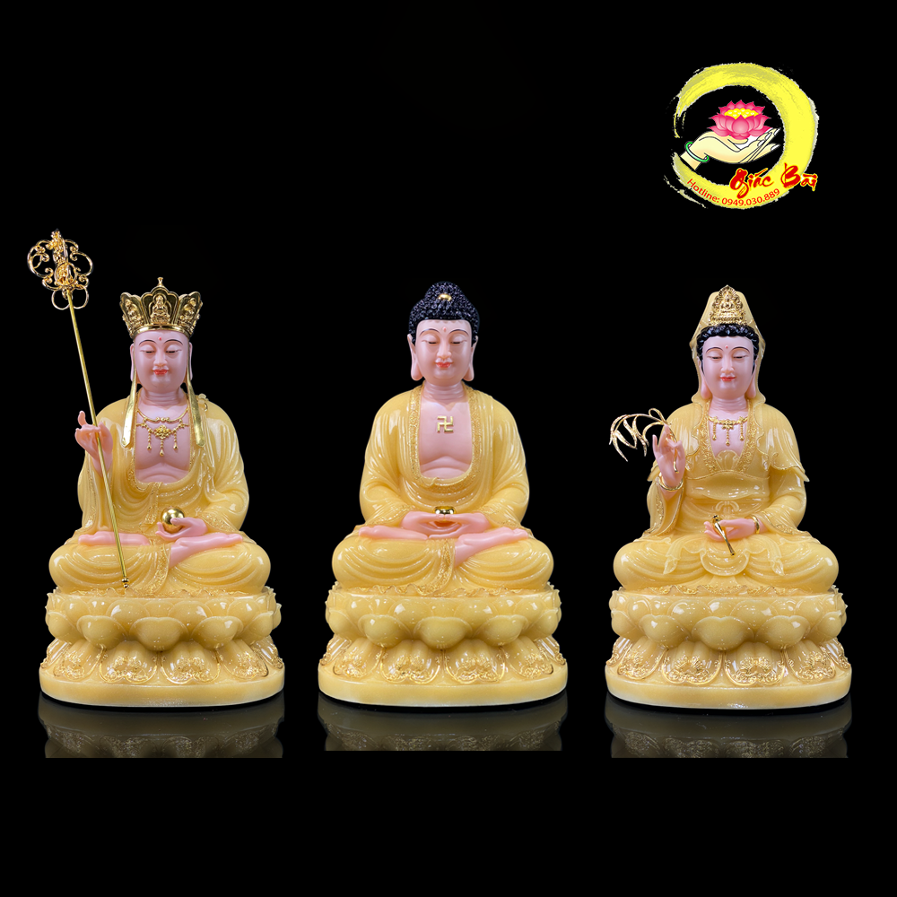 Tượng Ta Bà Tam Thánh Ngồi Đài Sen Bằng Bột Đá Thạch Anh Viền Vàng