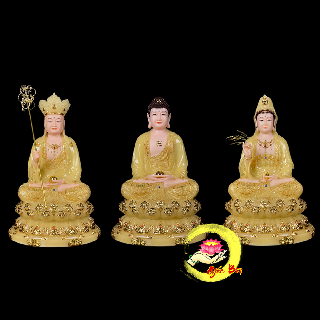 Tượng Ta Bà Tam Thánh Ngồi Đài Sen Bằng Bột Đá Thạch Anh Dát Vàng