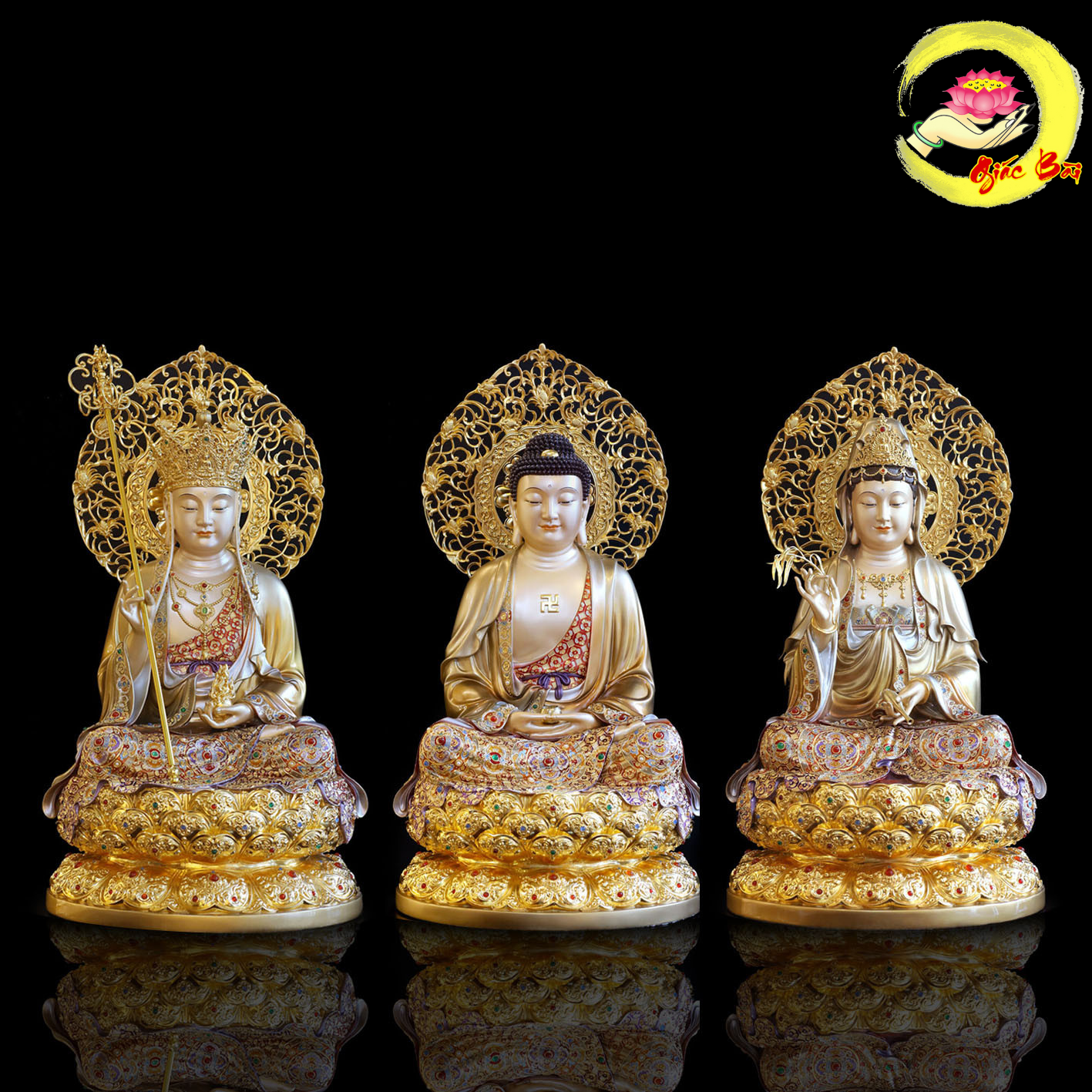 Bộ Tượng Ta Bà Tam Thánh Ngồi Hoa Sen Có Lá Đề Chất Liệu Đồng Men Cổ Dát Vàng