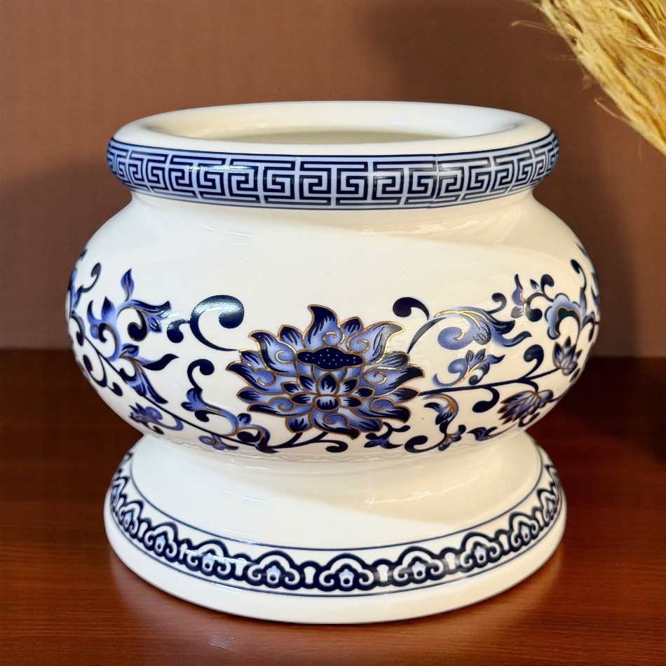 BÁT HƯƠNG SỨ TRẮNG HOA SEN XANH