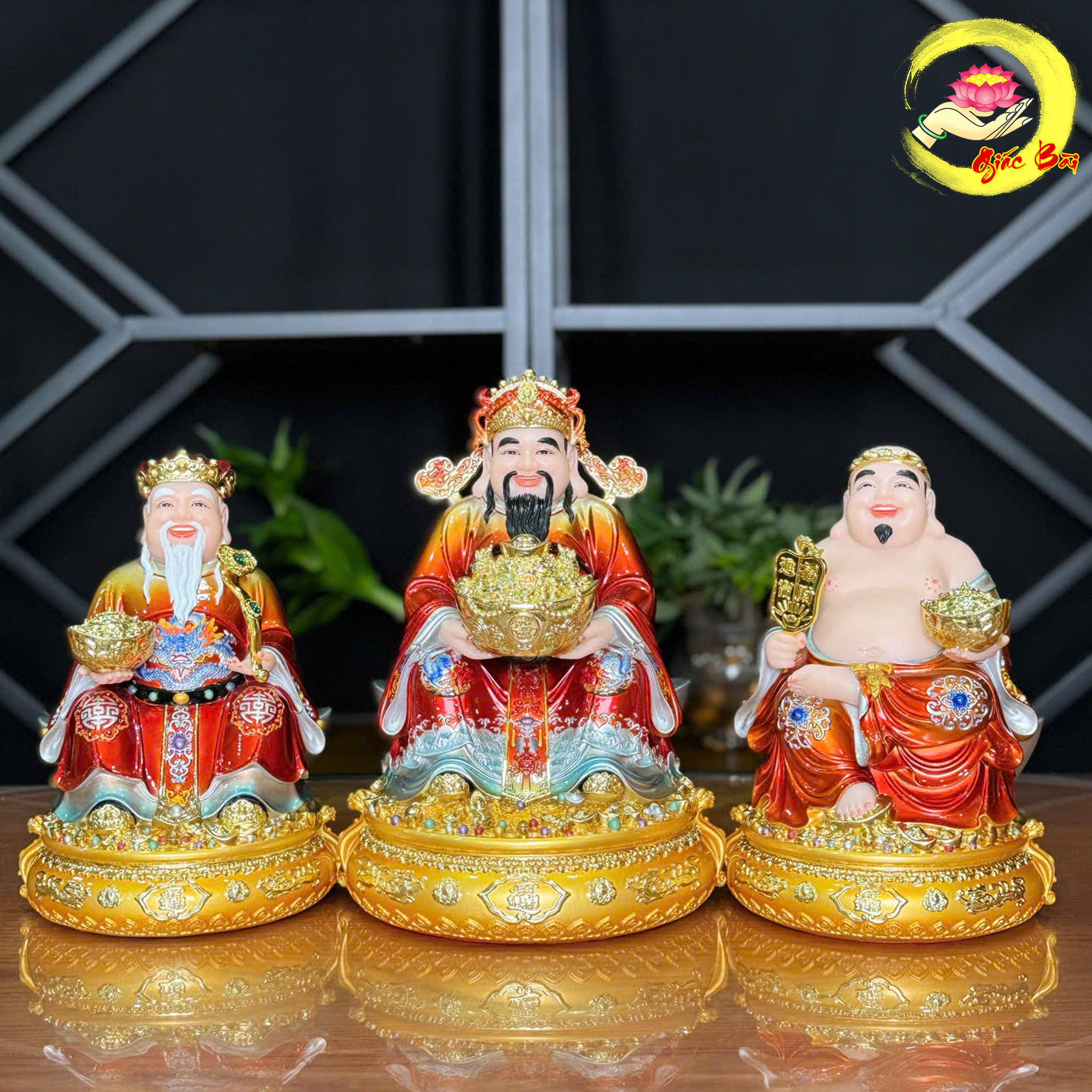 BỘ THẦN TIỀN TÀI ĐỊA ĐẾ TRÒN BẰNG BỘT ĐÁ SƠN MÀU ĐỒNG ĐỎ