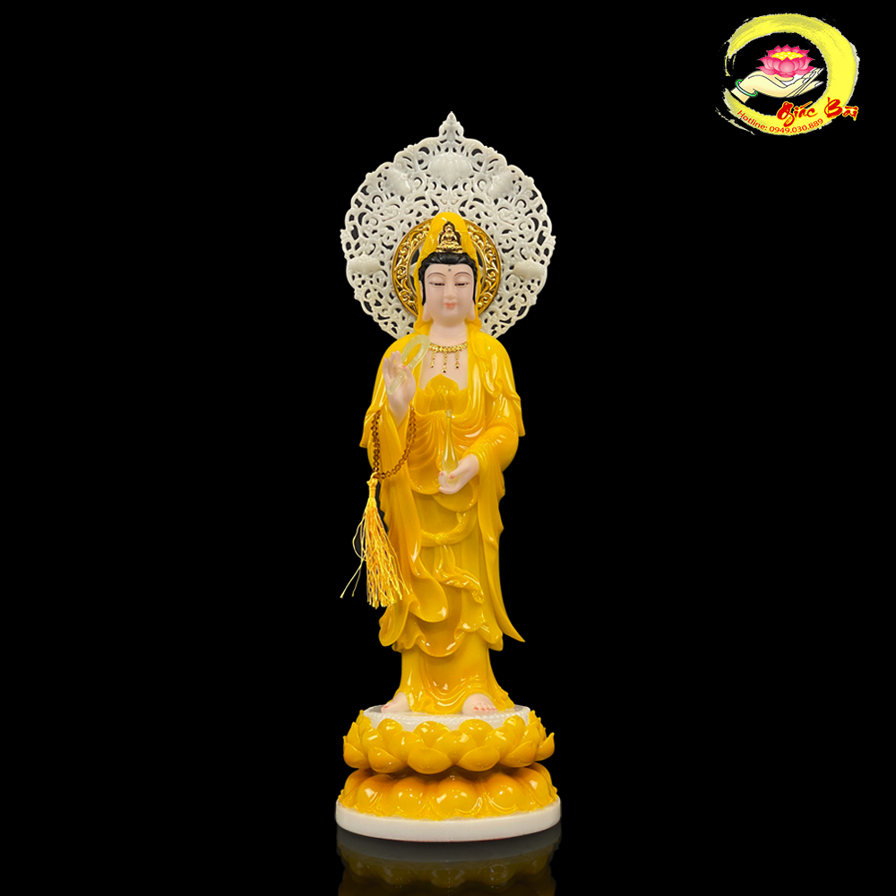 Tượng Phật Quan Âm Bồ Tát Đứng Đài Sen Bằng Bột Đá Hổ Phách Vàng Có Hào Quang Cao Cấp
