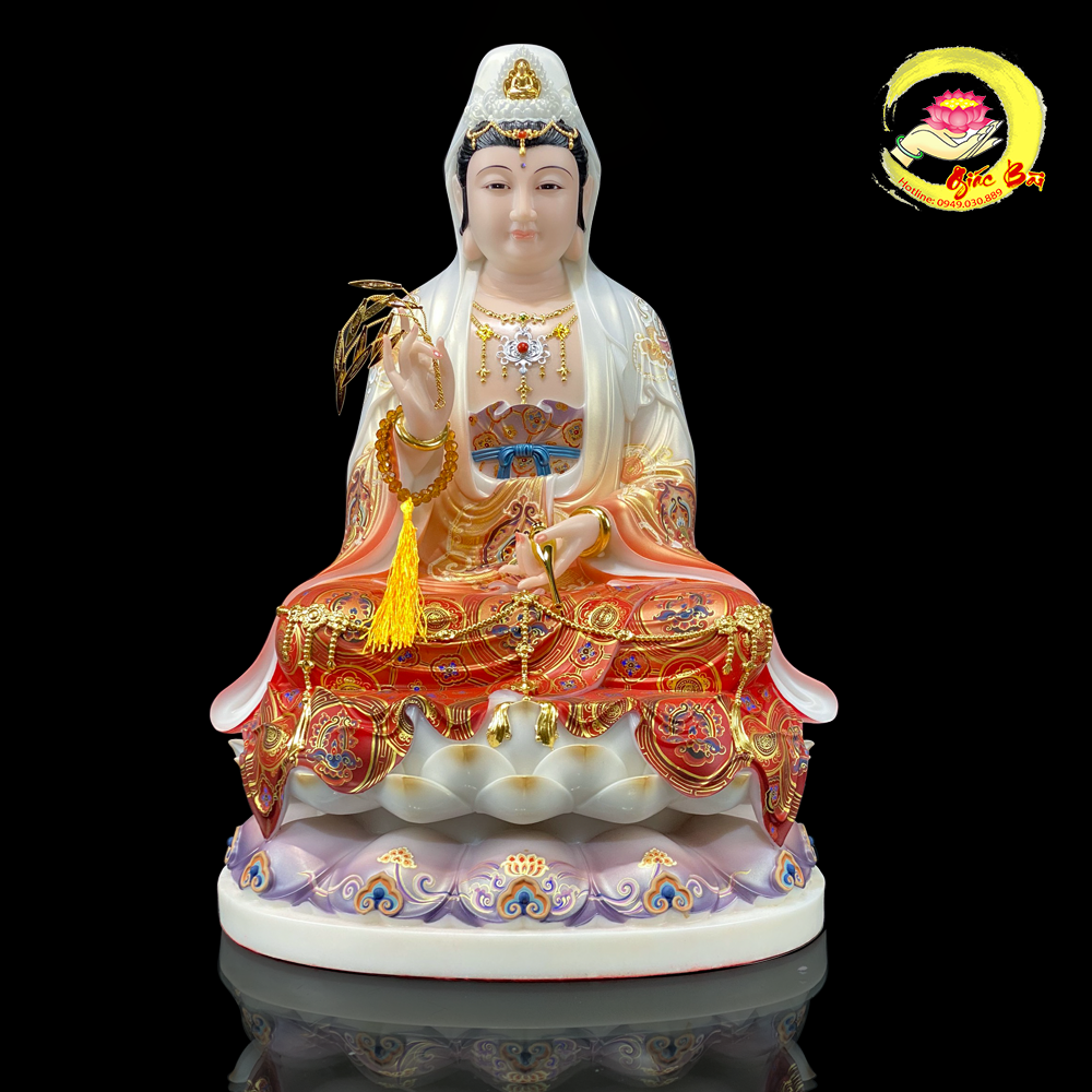Tượng Quan Thế Âm Bồ Tát Ngồi Đài Sen Vẽ Gấm Sơn Đỏ Cao Cấp