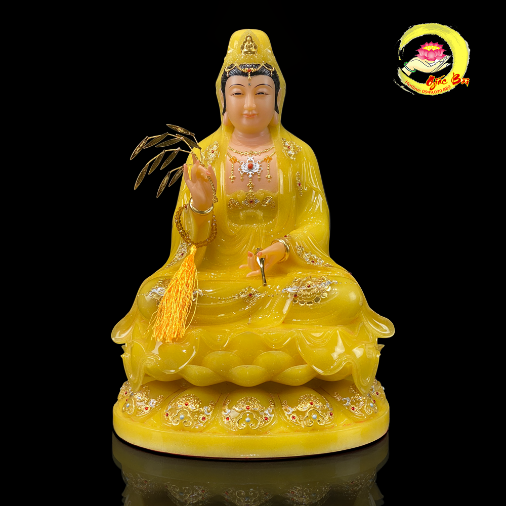 Alternative view of Tượng Phật Quan Âm Bồ Tát Tọa Đài Sen To Bằng Bột Đá Thạch Anh Viền Vàng Cao Cấp