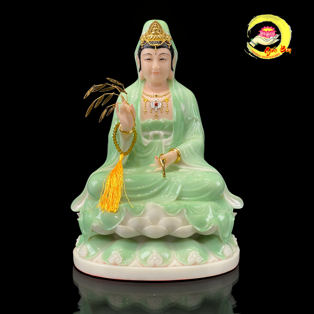 Tượng Quan Âm Ngồi Đài Sen Bằng Bột Đá Xanh Ngọc Cao Cấp
