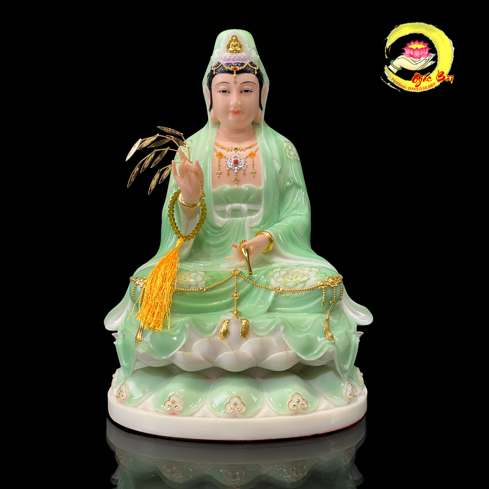 Tượng Quan Thế Âm Bồ Tát Ngồi Đài Sen Đế To Bằng Bột Đá Xanh Ngọc Hoa 3D Cao Cấp