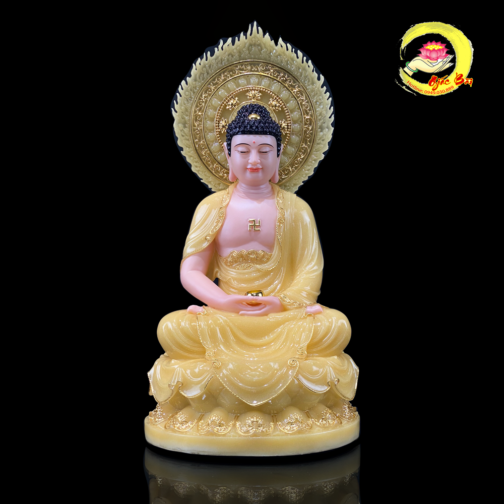 Tượng A Di Đà Ngồi Đài Sen Bằng Bột Đá Thạch Anh Viền Vàng Có Lá Đề