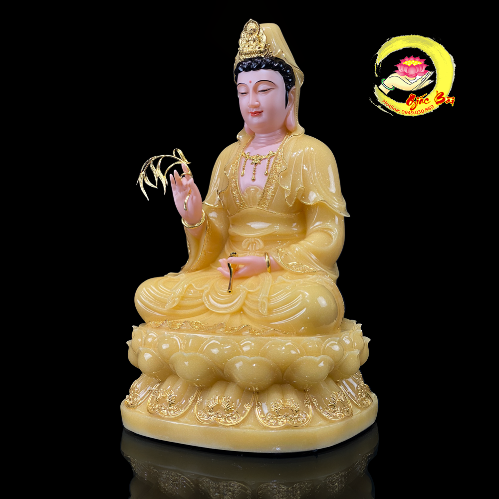 Tượng Quan Thế Âm Bồ Tát Ngồi Đài Sen Bằng Bột Đá Thạch Anh Viền Vàng