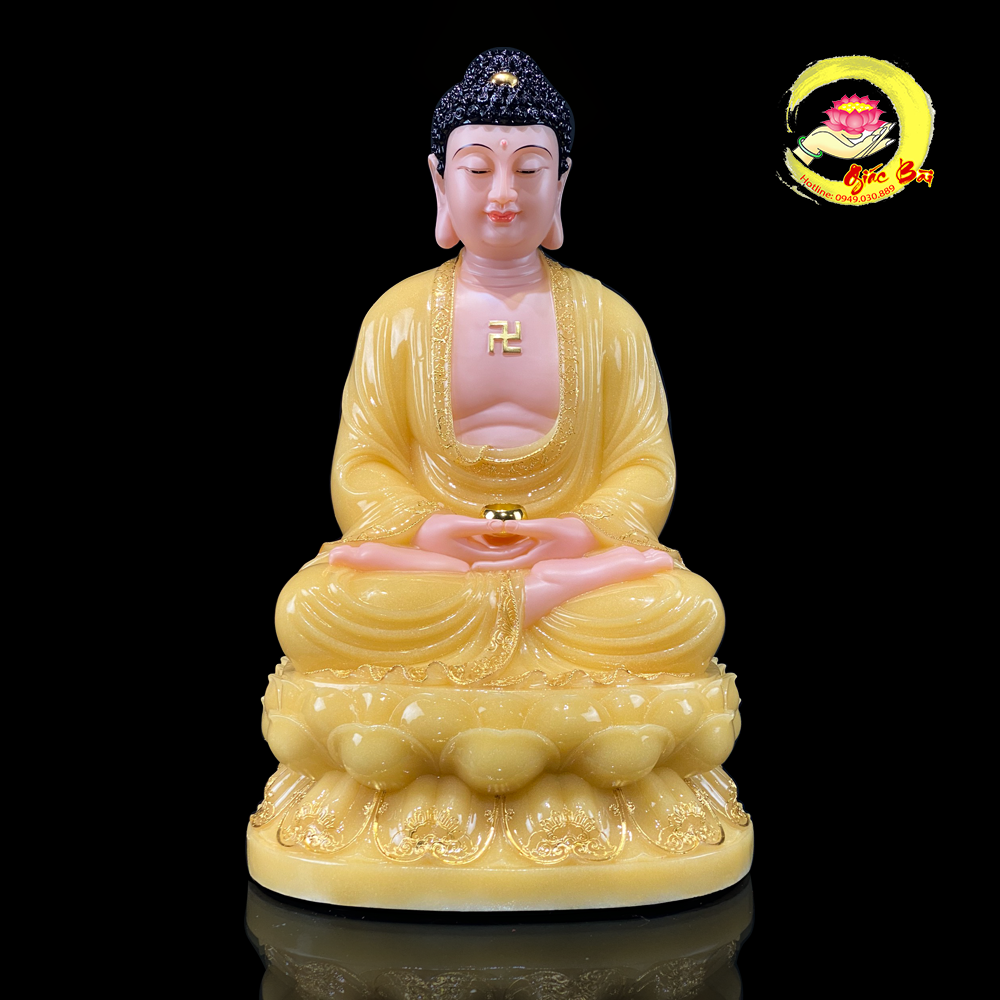 Tượng A Di Đà Ngồi Đài Sen Bằng Bột Đá Thạch Anh Viền Vàng Cao Cấp