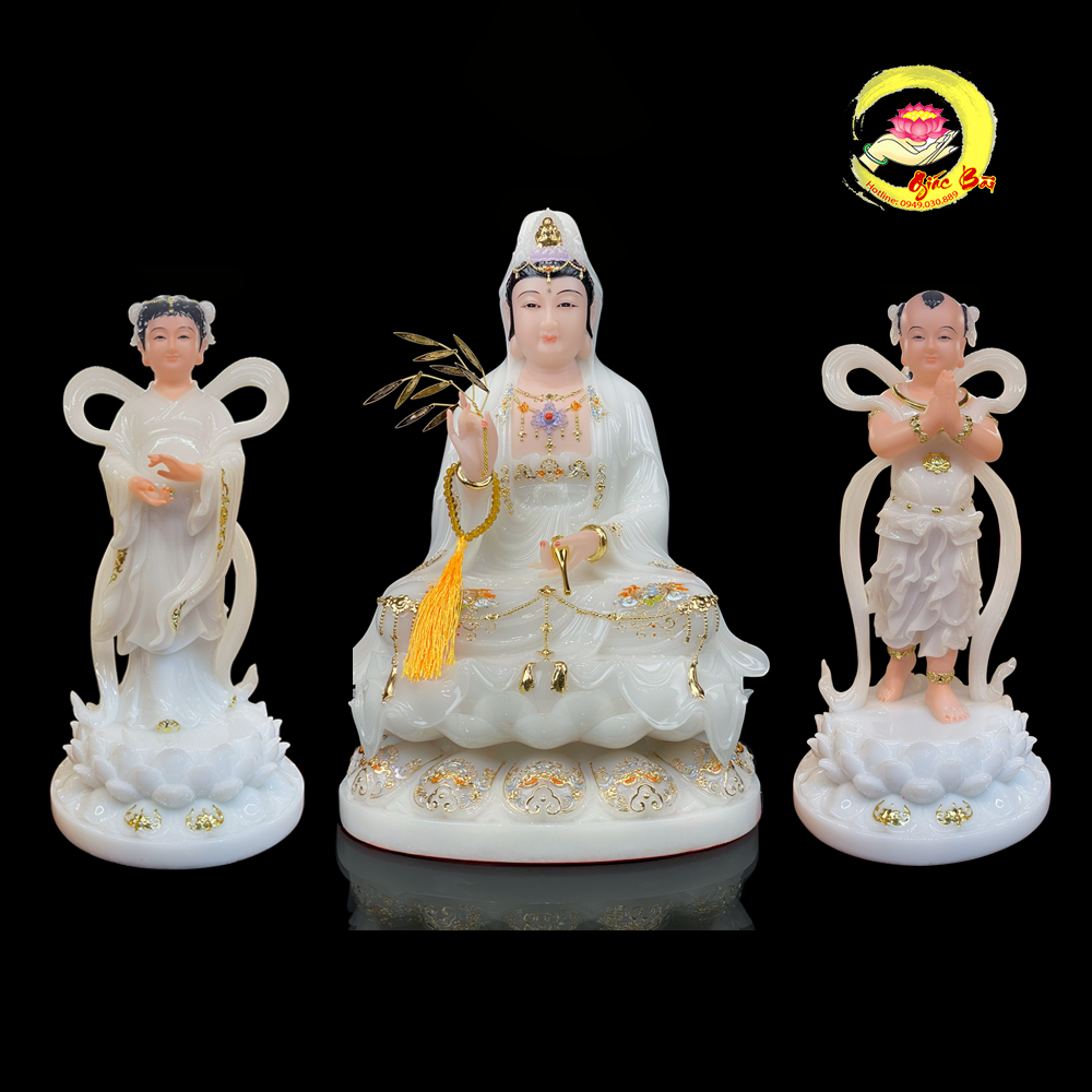 Bộ Quan Âm Kim Đồng Ngọc Nữ Bằng Bột Đá Trắng Viền Vàng Cao Cấp