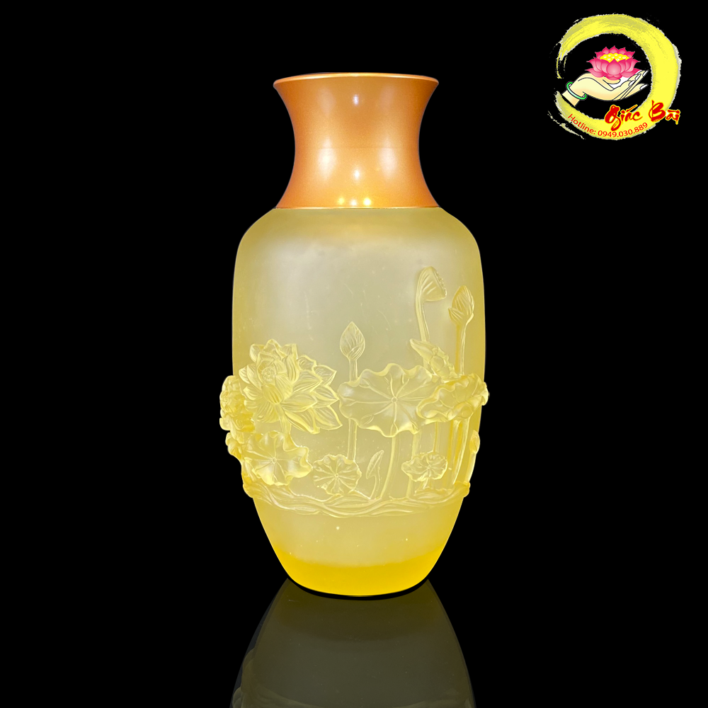 LỌ HOA LƯU LY KHẮC HOA SEN NỔI MIỆNG ĐỒNG