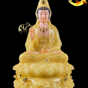 Tượng Quan Thế Âm Bồ Tát Ngồi Đế Non Nước Bằng Bột Đá Thạch Anh Viền Vàng Cao Cấp