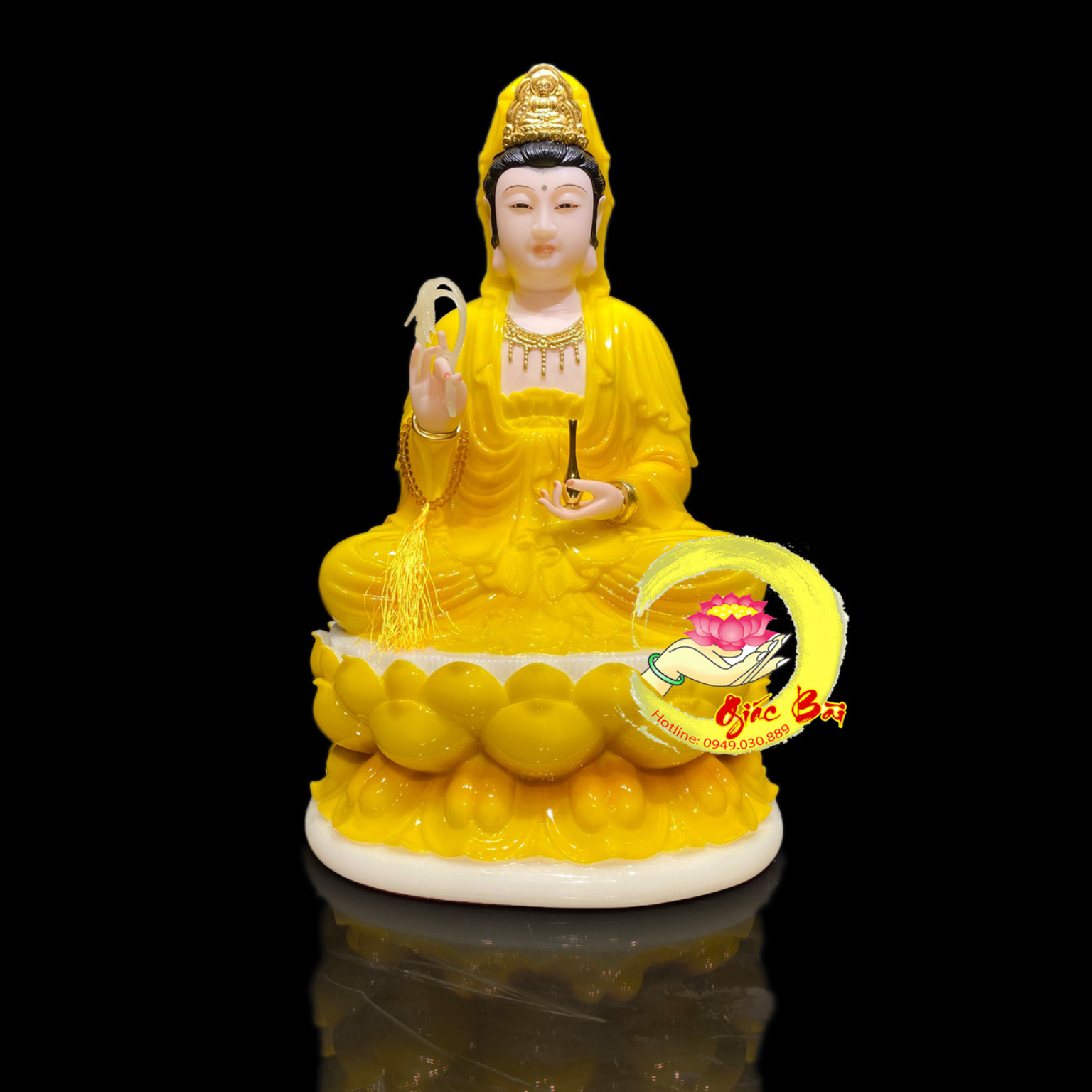 Tượng Phật Quan Âm Bồ Tát Tọa Đài Sen Bằng Đá Hổ Phách Vàng Cao Cấp