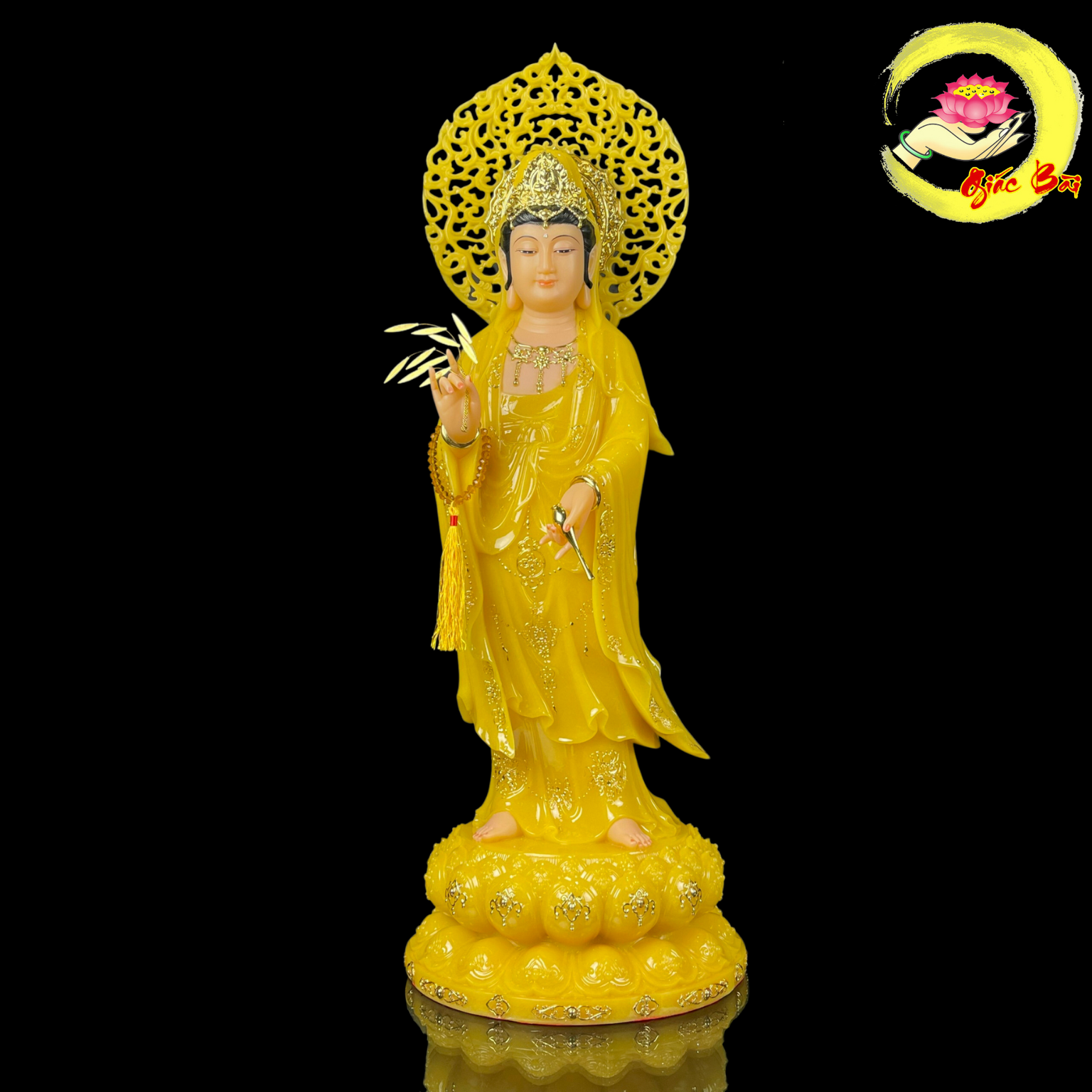 Tượng Quan Thế Âm Bồ Tát Đứng Đài Sen Bằng Thạch Anh Viền Vàng Cao Cấp