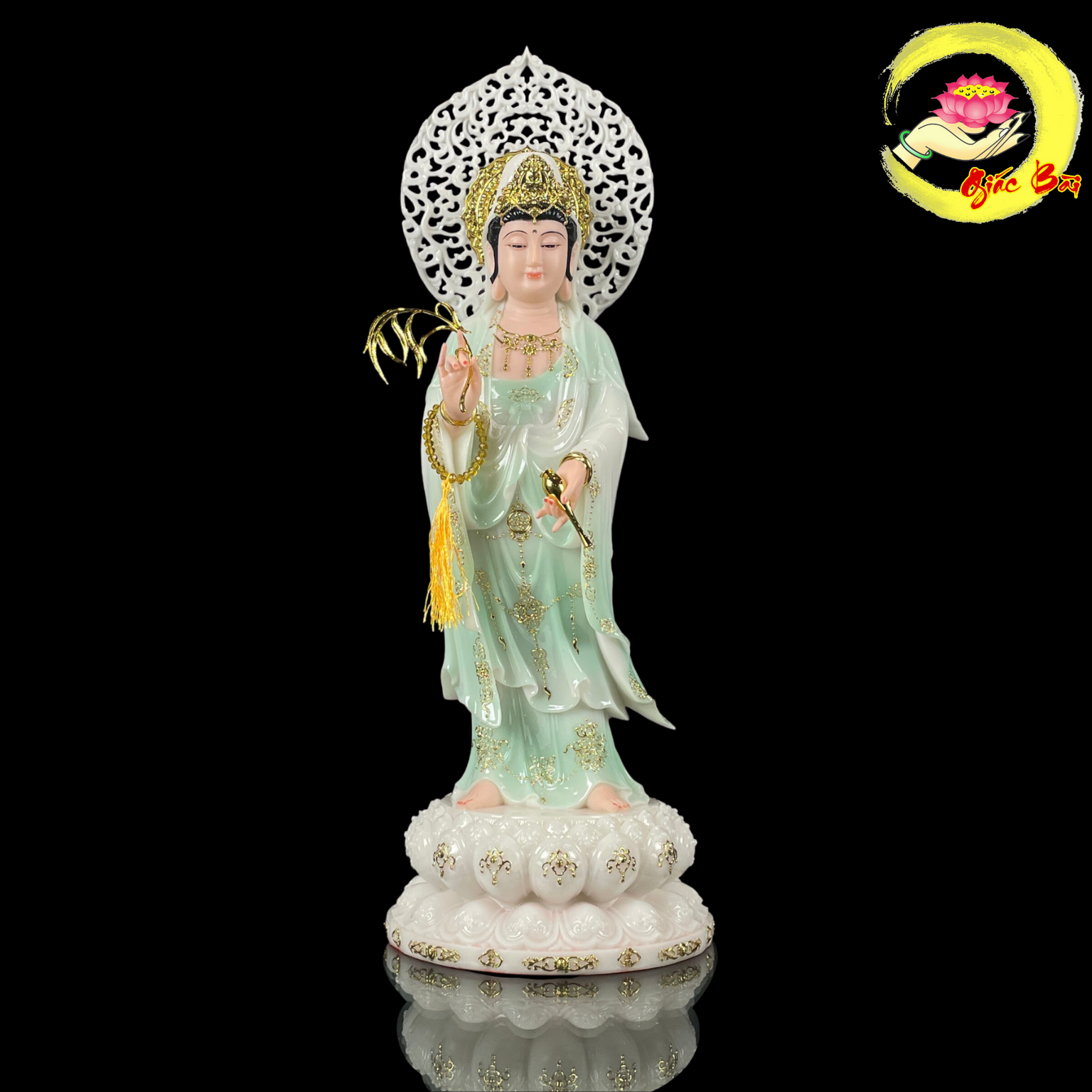 Tượng Phật Quan Âm Bồ Tát Đứng Bằng Bột Đá Thiên Thanh Viền Vàng Cao Cấp