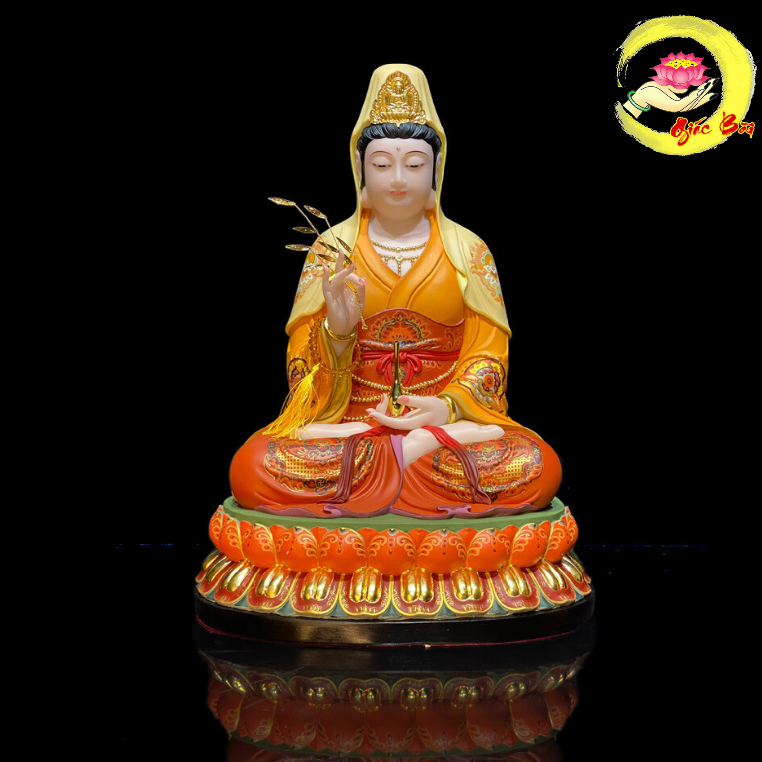 Tượng Quan Âm Bồ Tát Ngồi Đài Sen To Bằng Bột Đá Vẽ Gấm Viền Vàng Cao Cấp
