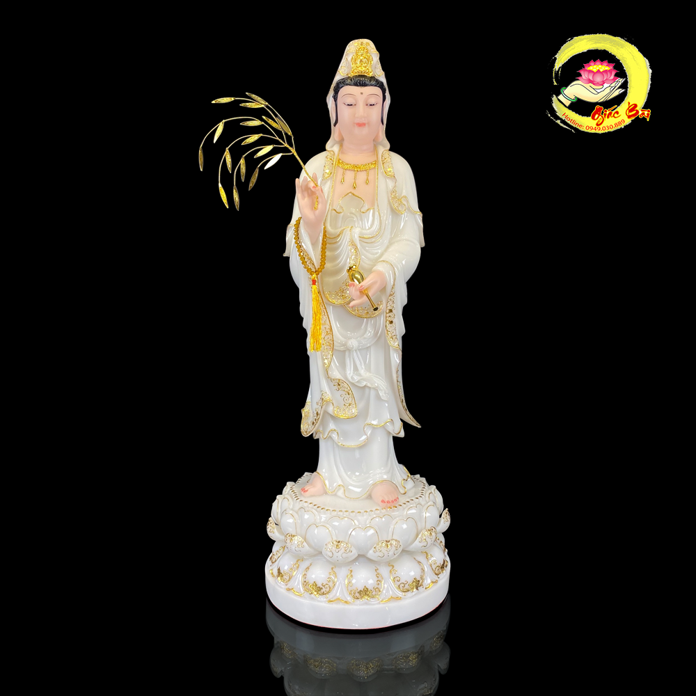 Tượng Quan Âm Bồ Tát Đứng Đài Sen Bằng Bột Đá Trắng Viền Vàng Nổi Cao Cấp