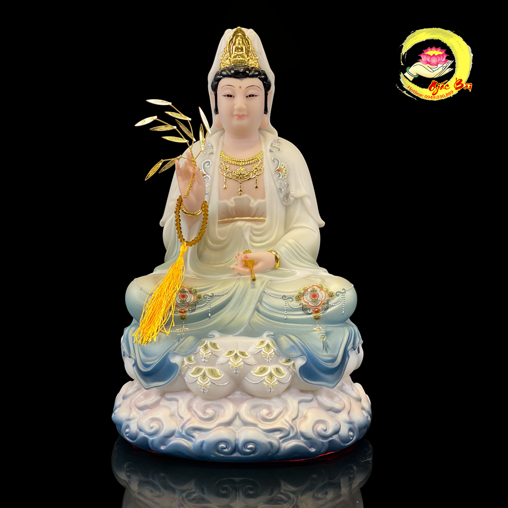 Alternative view of Tượng Quan Thế Âm Bồ Tát Ngồi Đế Mây Bằng Bột Đá Sơn Màu