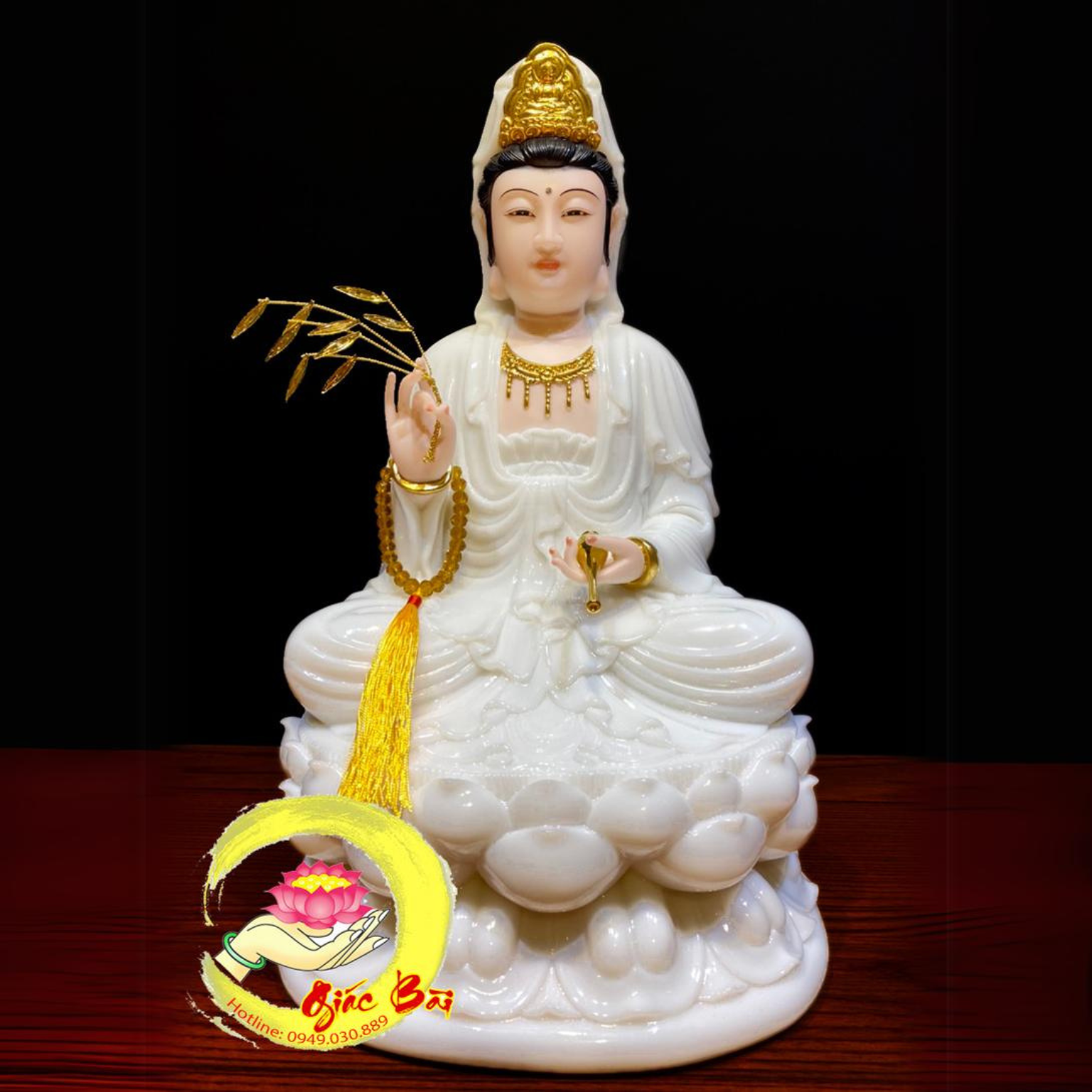 Tượng Phật Quan Âm Bồ Tát Ngồi Tọa Đài Sen Bằng Bột Đá Trắng Cao Cấp